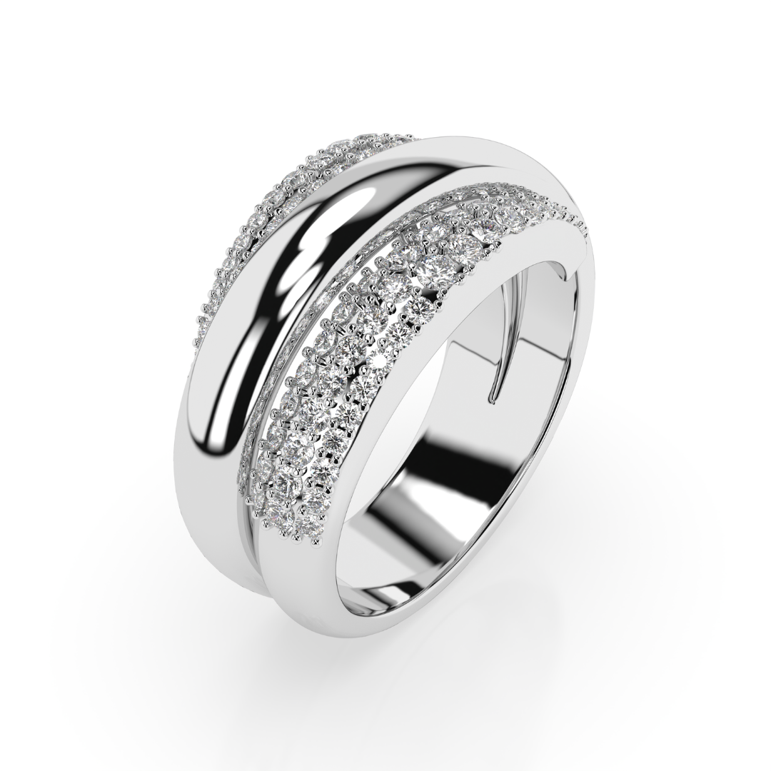 Aurora Ring featuring overlapping gold strands set with certified diamond rings for stunning sparkle.