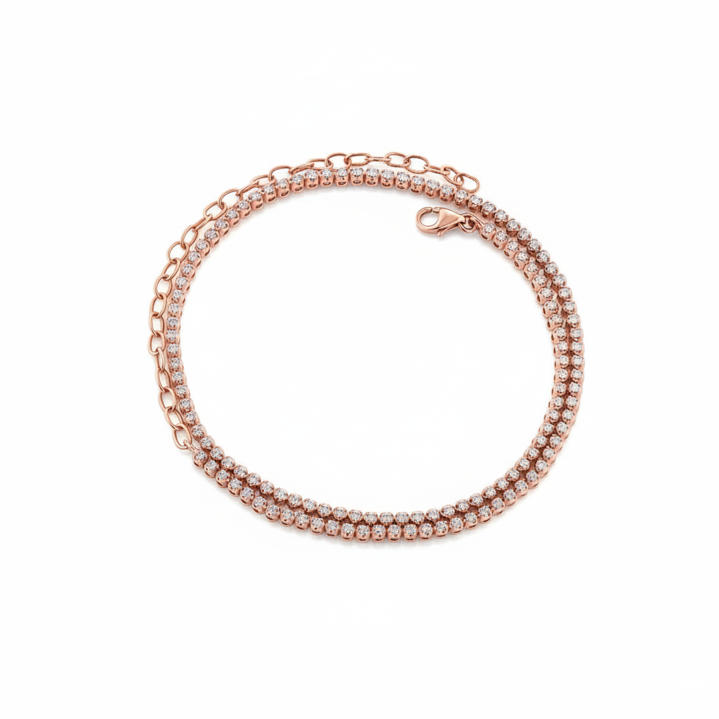 Maia certified diamond necklace design that also serves as a double tennis bracelet in rose gold.