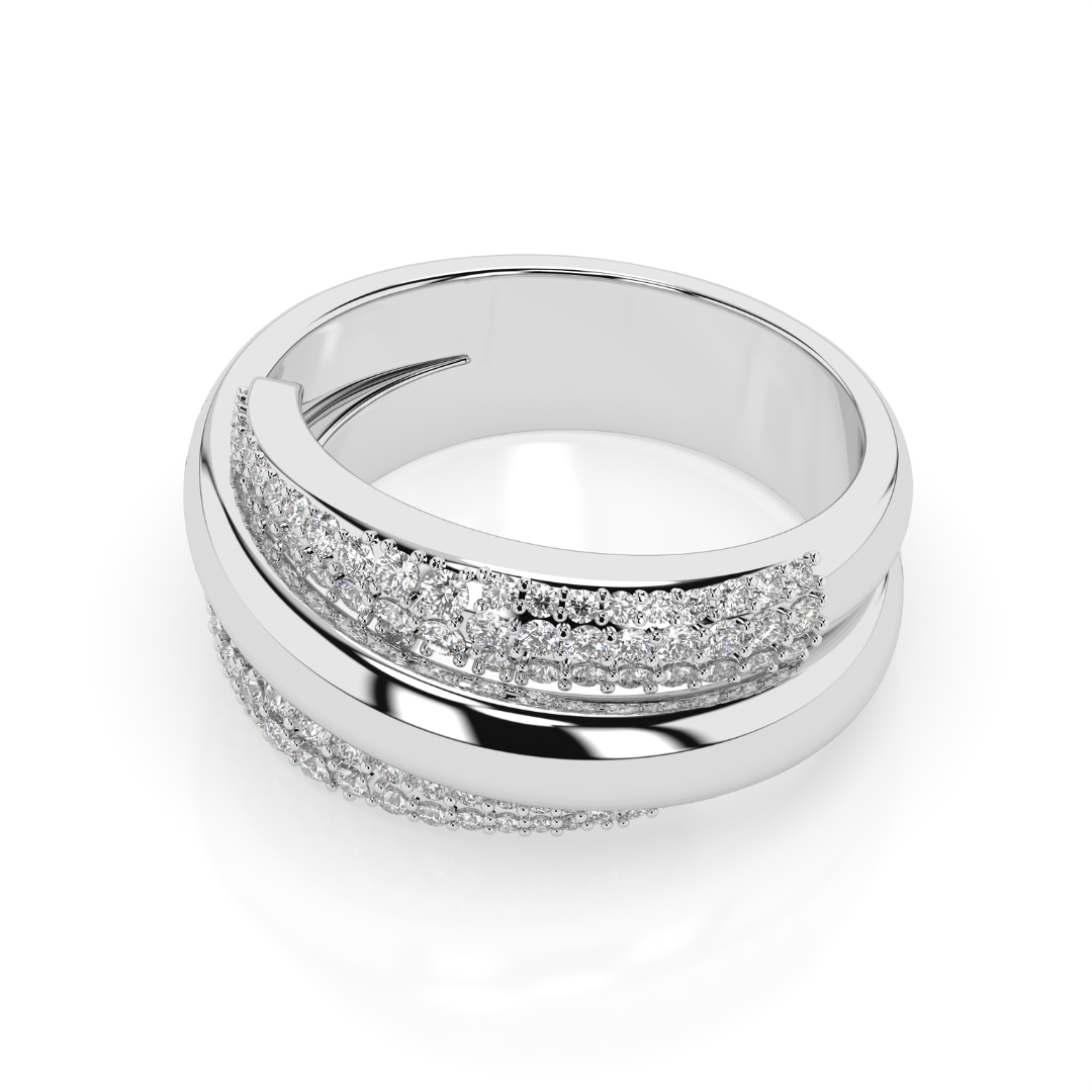 The Aurora Ring, a solid three strand gold and diamond ring with certified diamond rings, featuring overlapping rows.