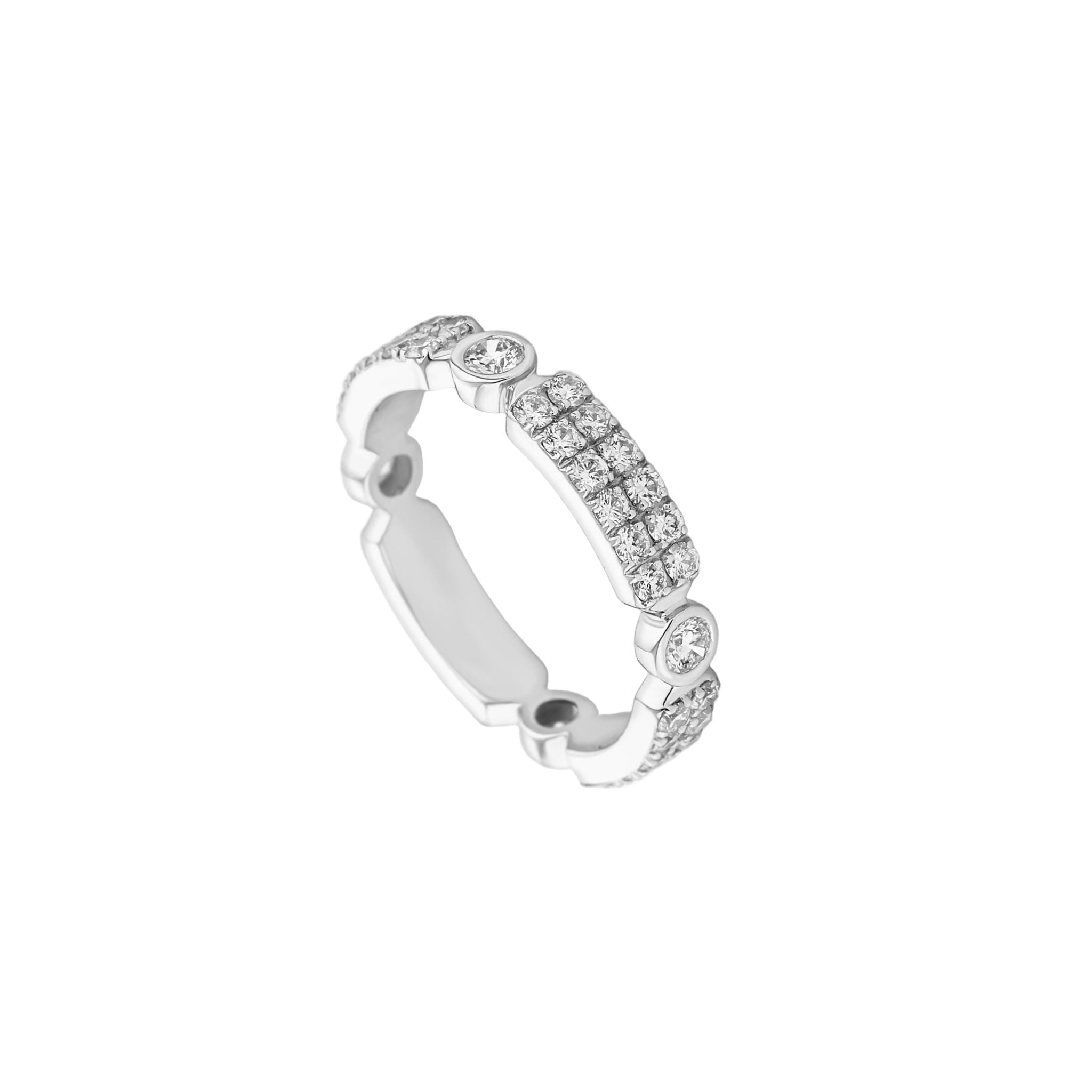 Contemporary diamond band with alternating pavé and bezel set diamonds