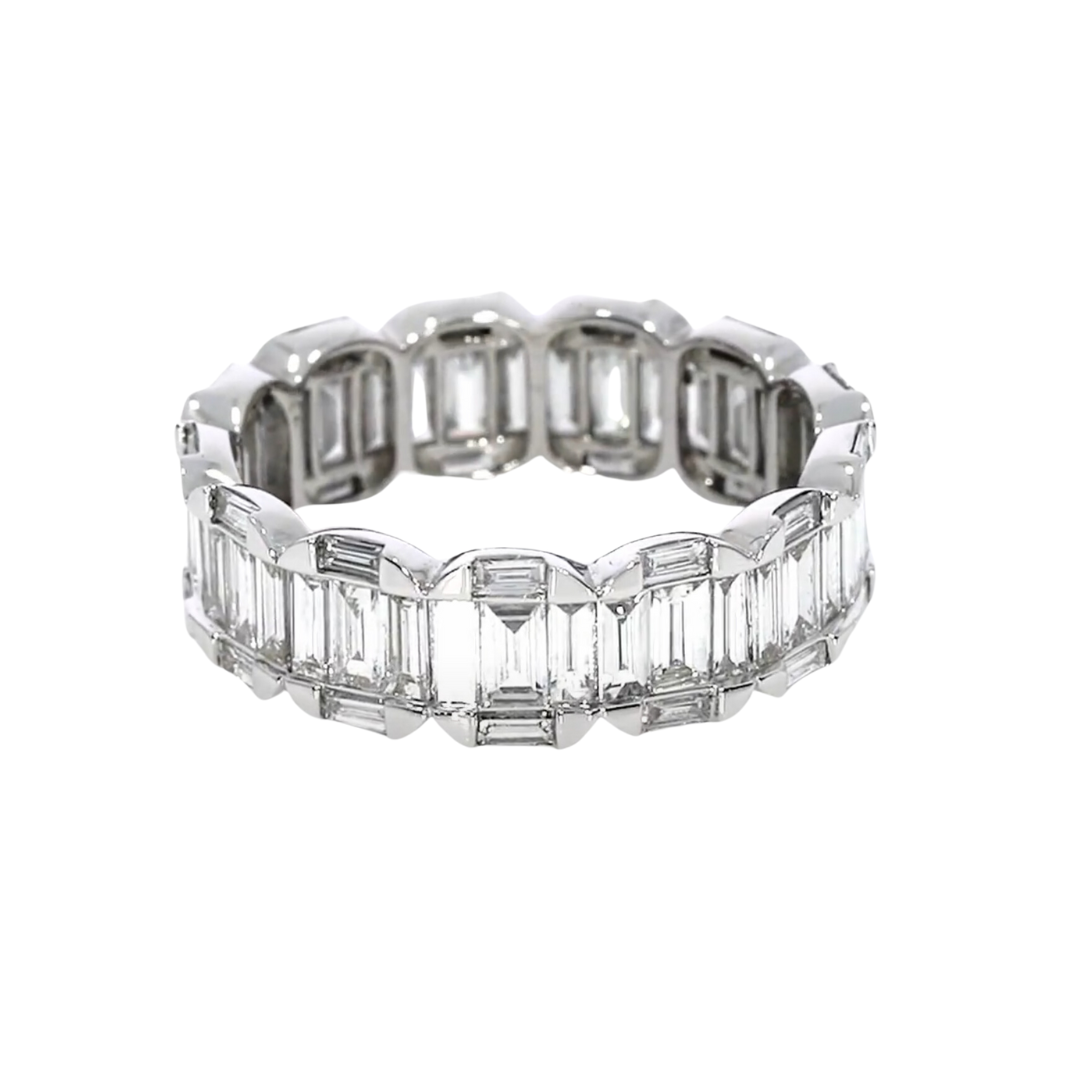18ct gold Baguette Cluster Diamond Eternity Ring with 2.21cts certified natural diamonds featuring a unique design with different-sized baguettes.