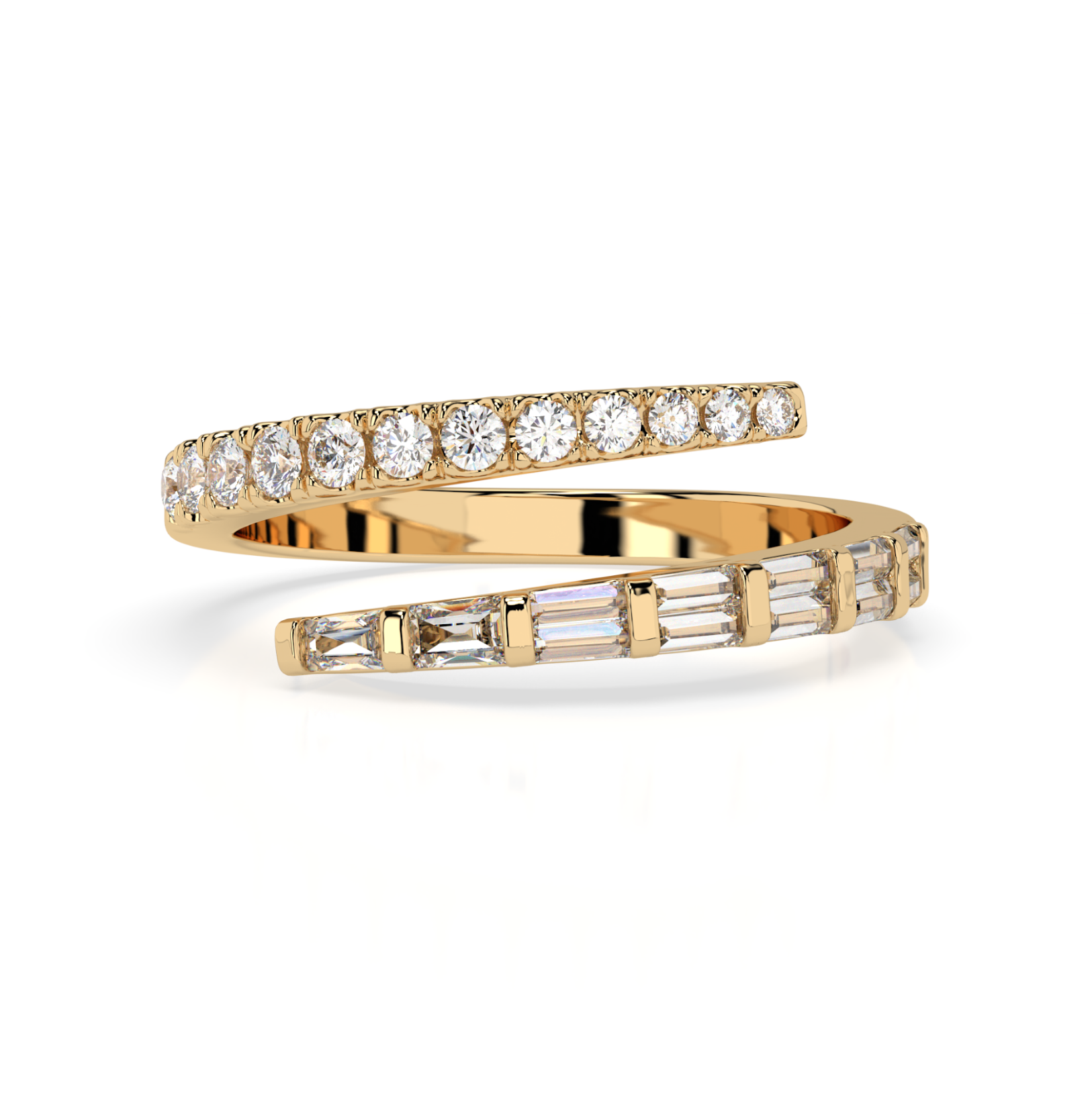 Luxury fine wrap ring with sparkly round brilliant and baguette cut diamonds, yellow gold colour, set in 18ct gold.