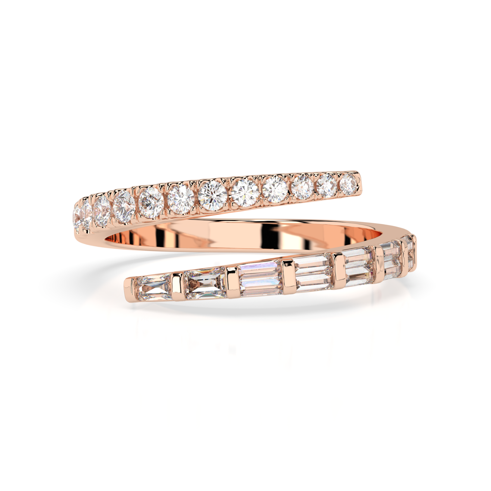 Luxury fine wrap ring with sparkly round brilliant and baguette cut diamonds, white rose colour, set in 18ct gold.
