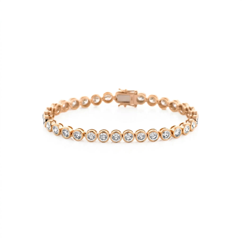 Rose gold bezel set diamond bracelet on a white background