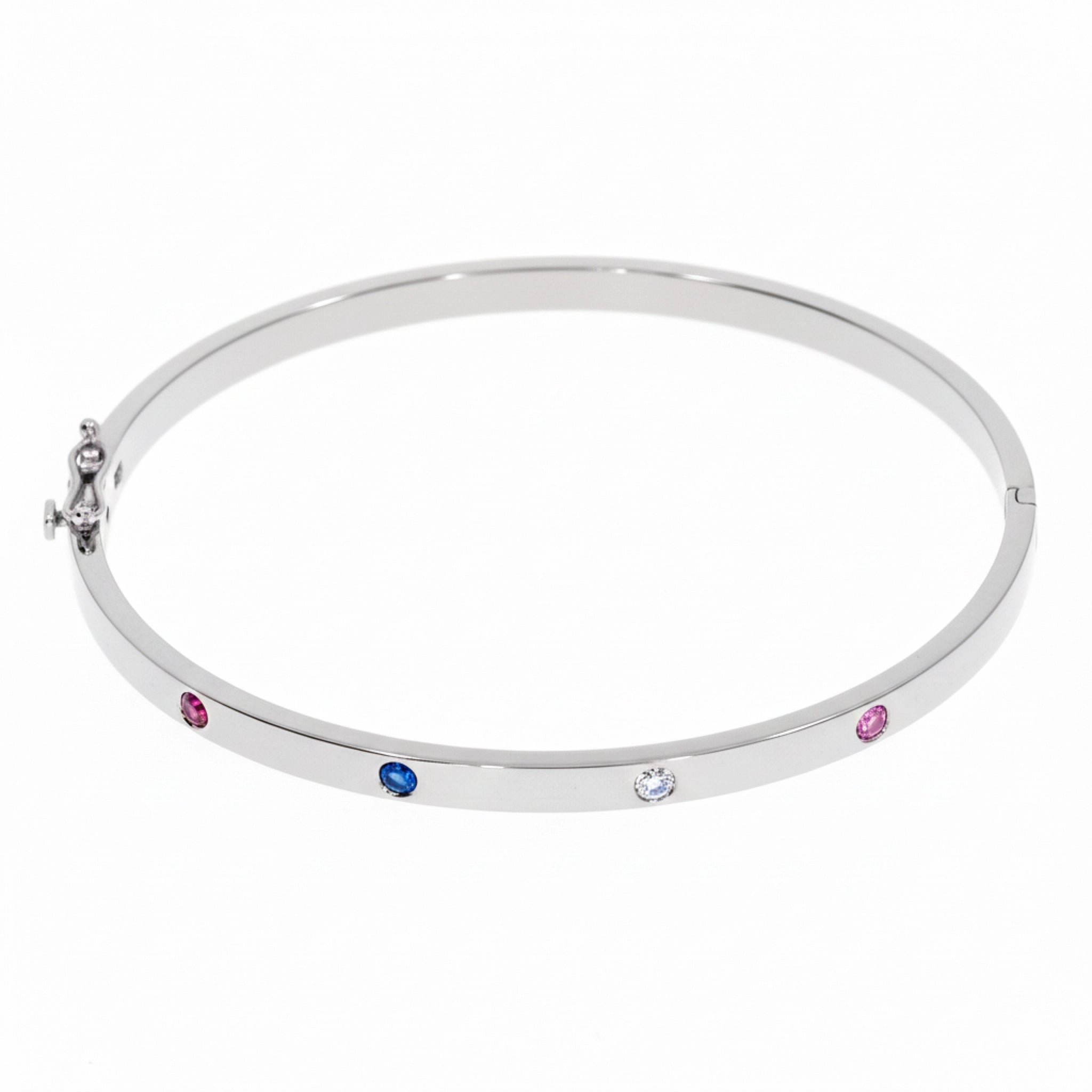 Elegant birthstone bangle in 18ct white gold featuring four vibrant round brilliant cut birthstones.