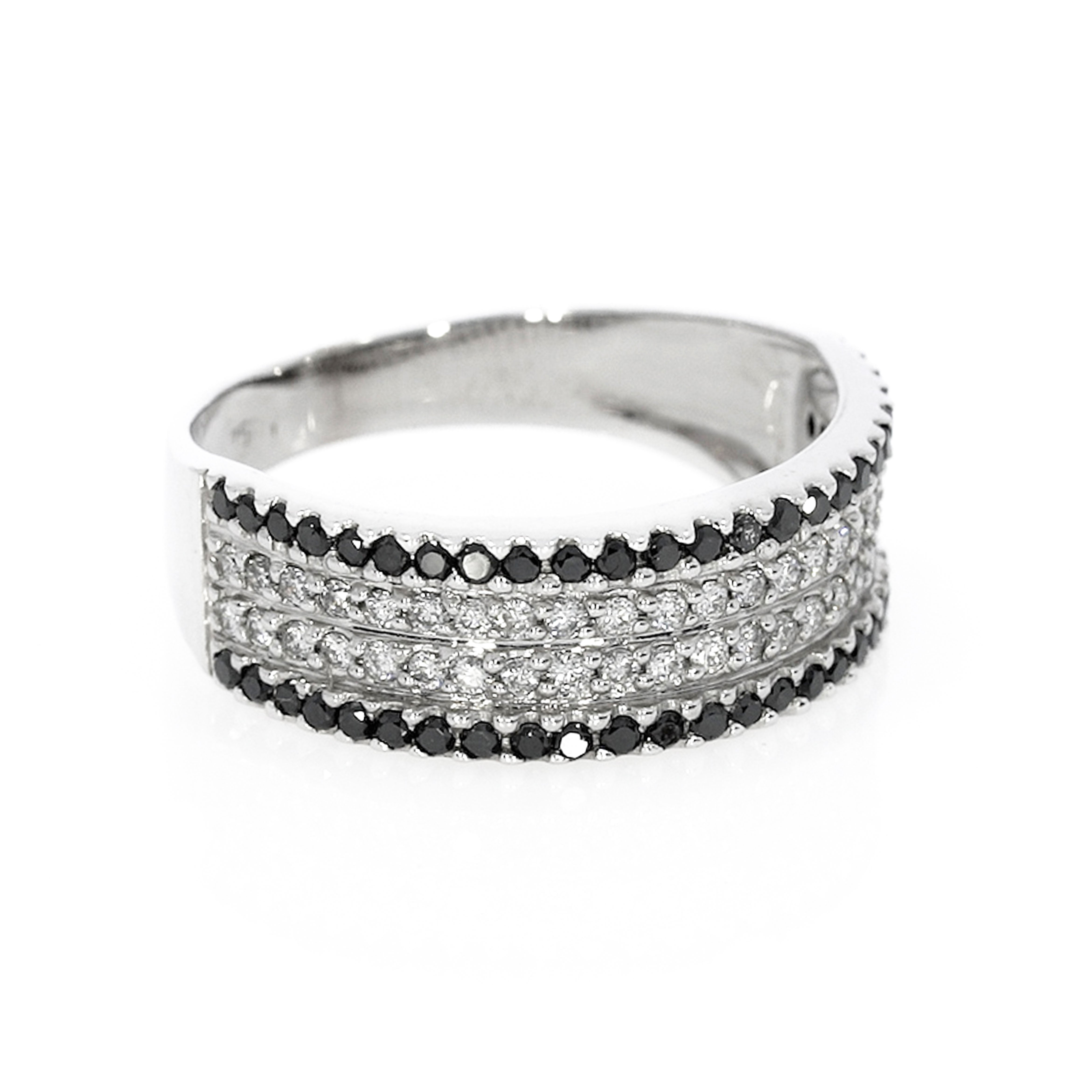 Black and White Diamond Ring with natural certified black and white diamonds, set in 18ct gold, arranged in four rows.