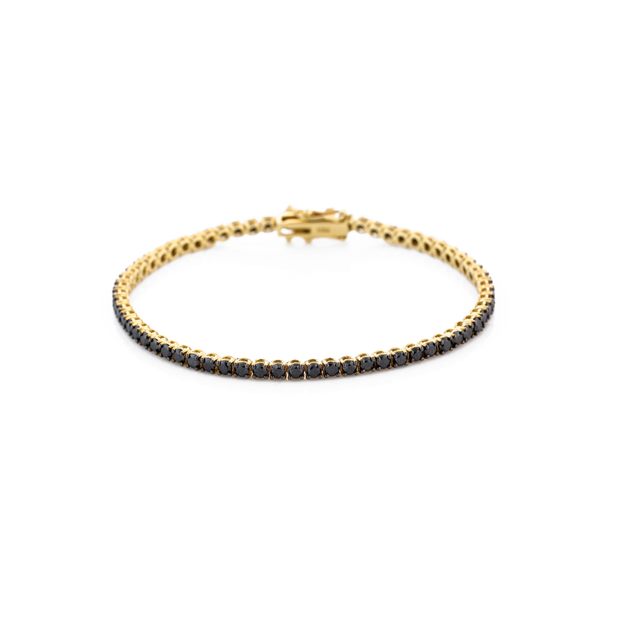Yellow Gold tennis bracelet with black diamonds on a white background