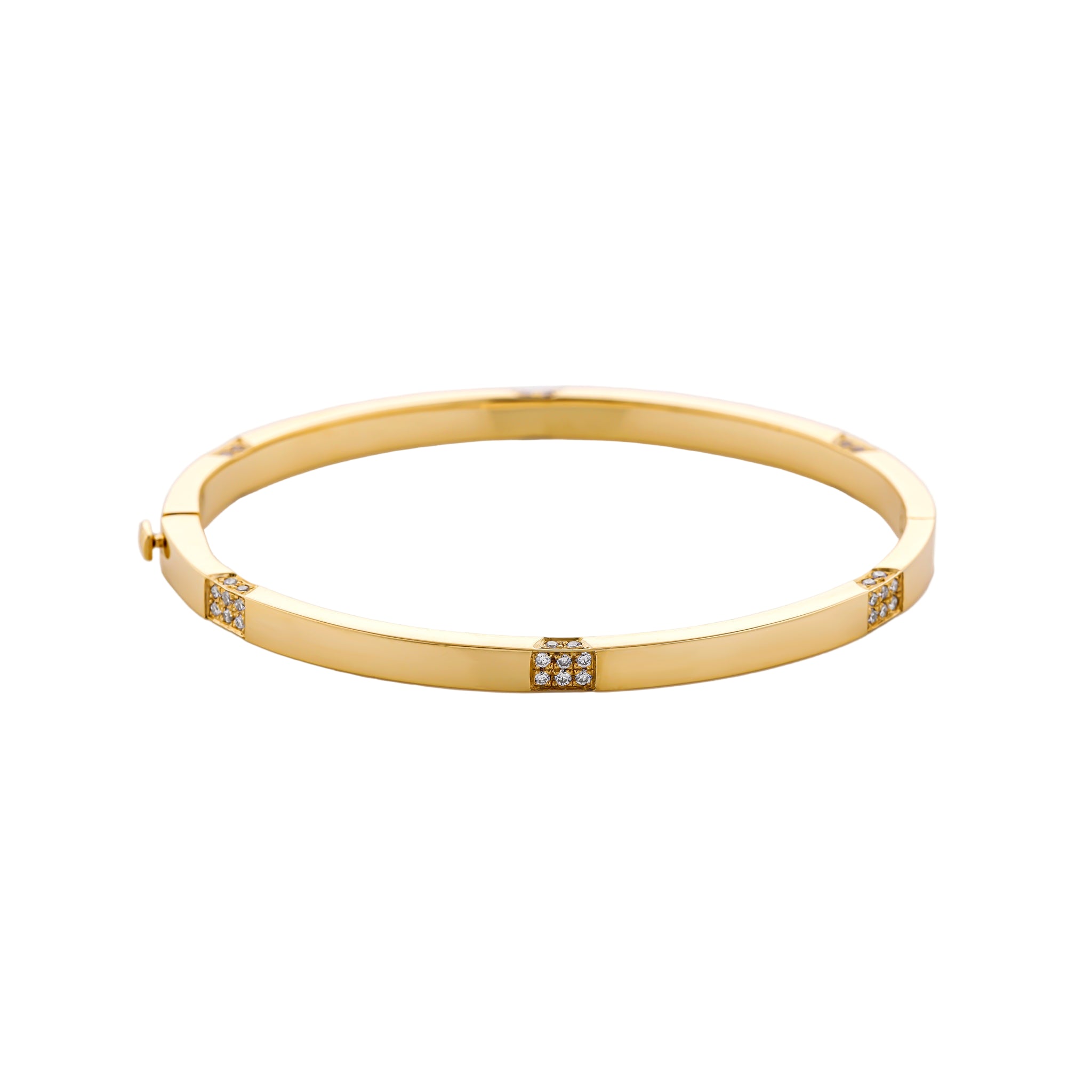 Luxury solid gold bangle featuring clusters of diamonds for an elegant modern accessory.
