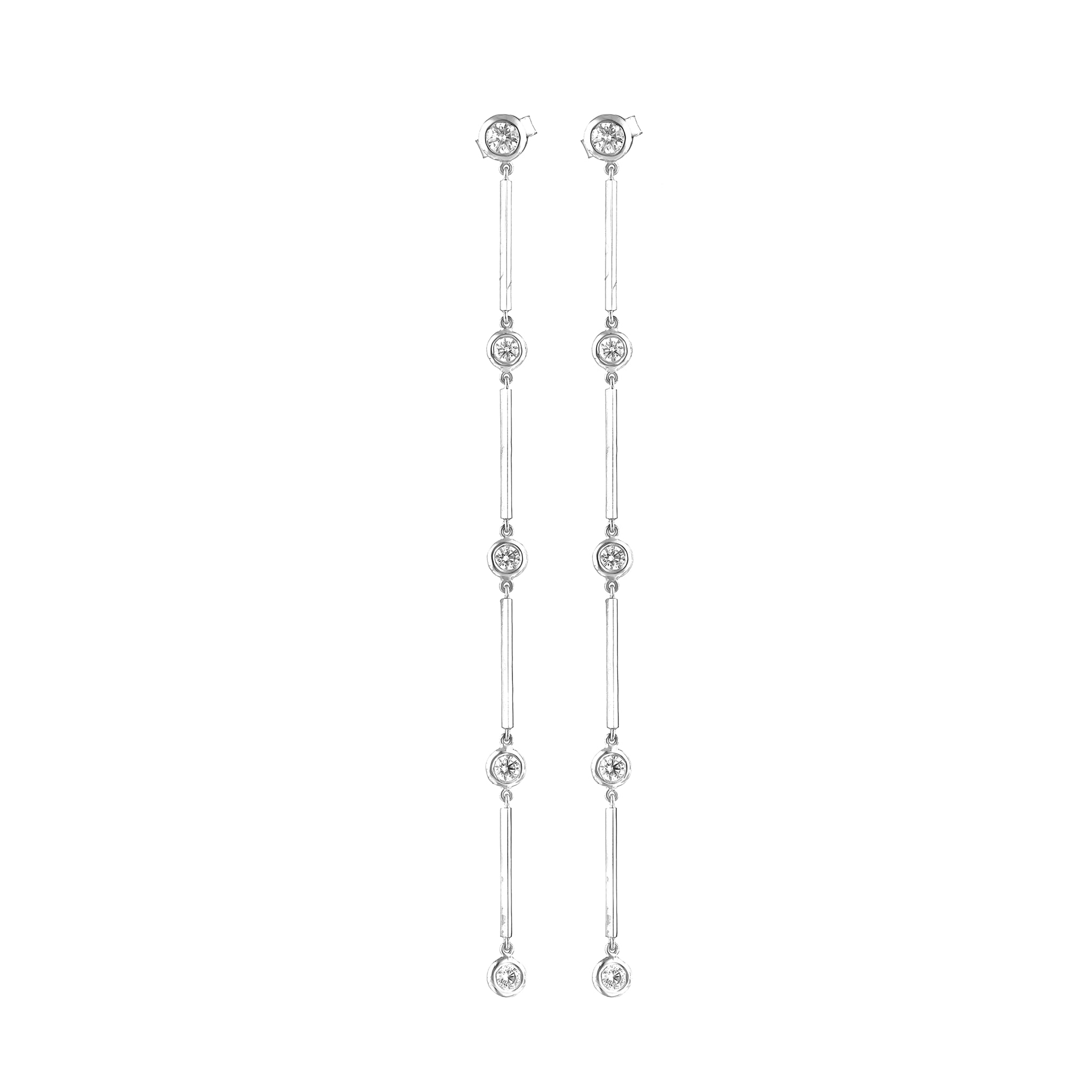 Elegant Cascade Diamond Earrings in 18ct white gold showcasing a shimmering drop of bezel set diamonds.