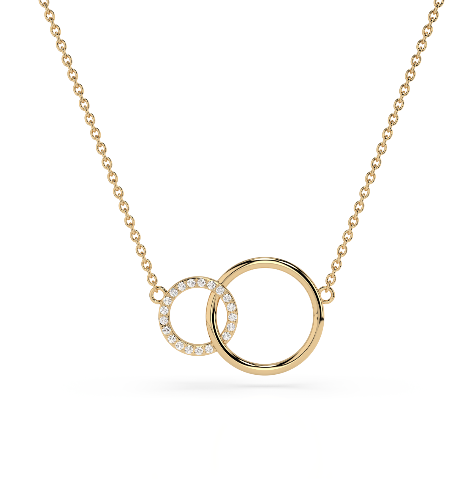 Circle and Sparkle Necklace featuring certified diamond necklace with two interlocking circles and sparkling diamonds.