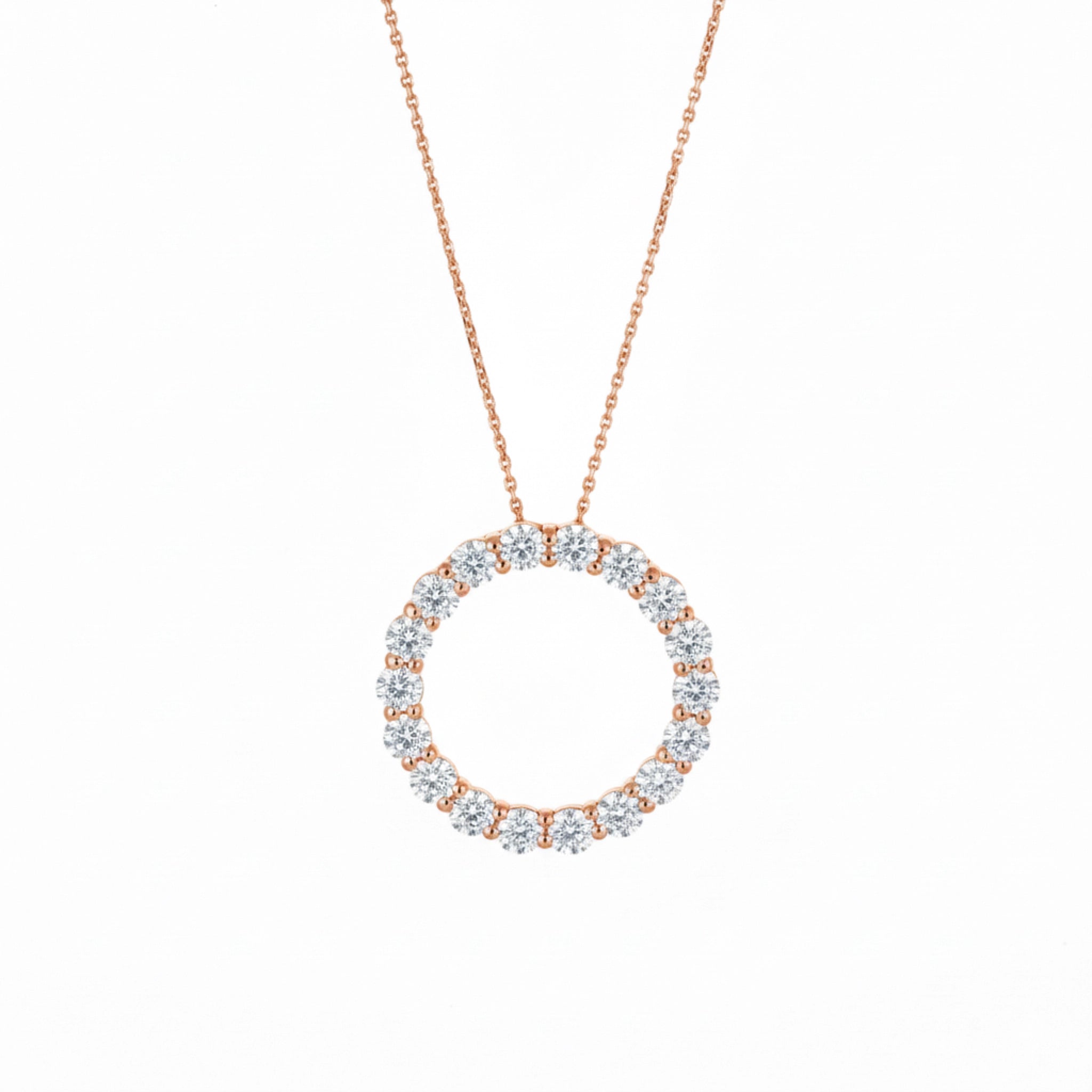 Rose gold Circle Of Life Necklace - Large with bright white diamonds on a delicate chain.