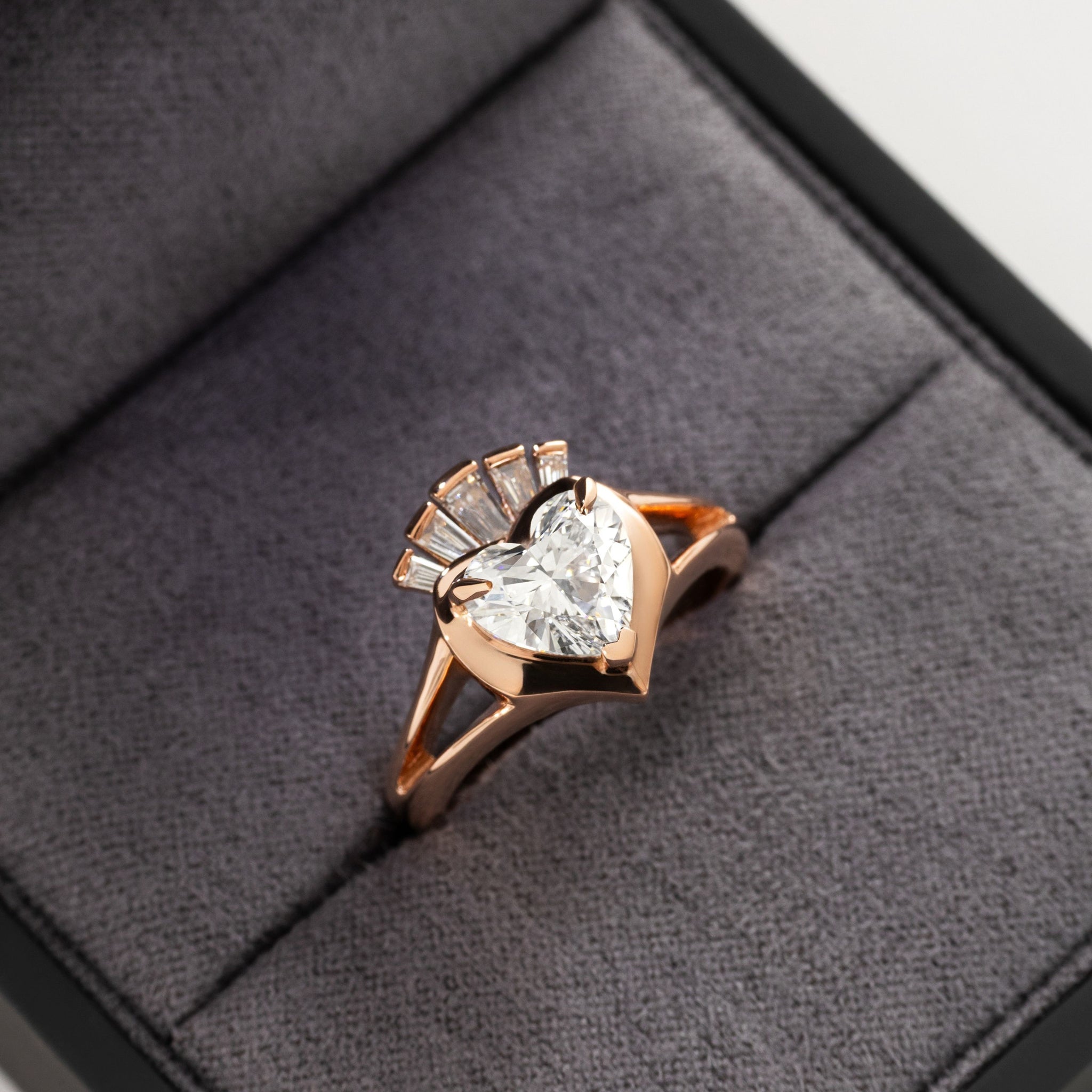 Róisín Claddagh ring featuring a heart-shaped diamond in a modern rose gold setting.