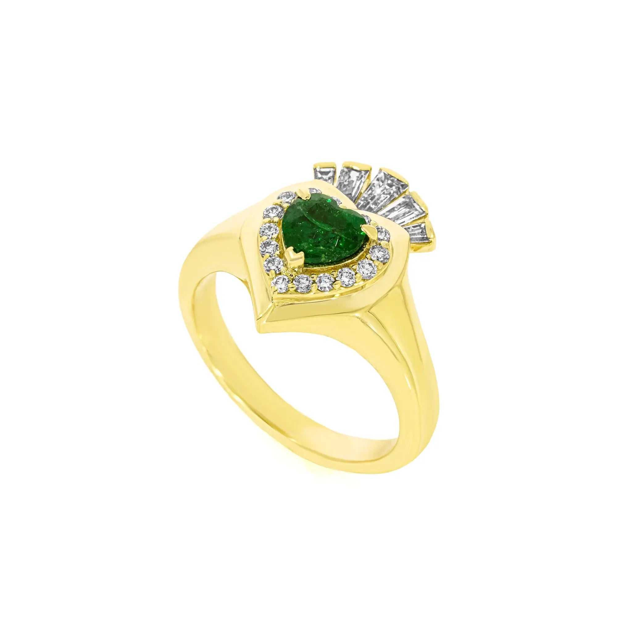 Éireann Claddagh ring featuring a heart-shaped green tsavourite surrounded by diamonds in a gold setting.