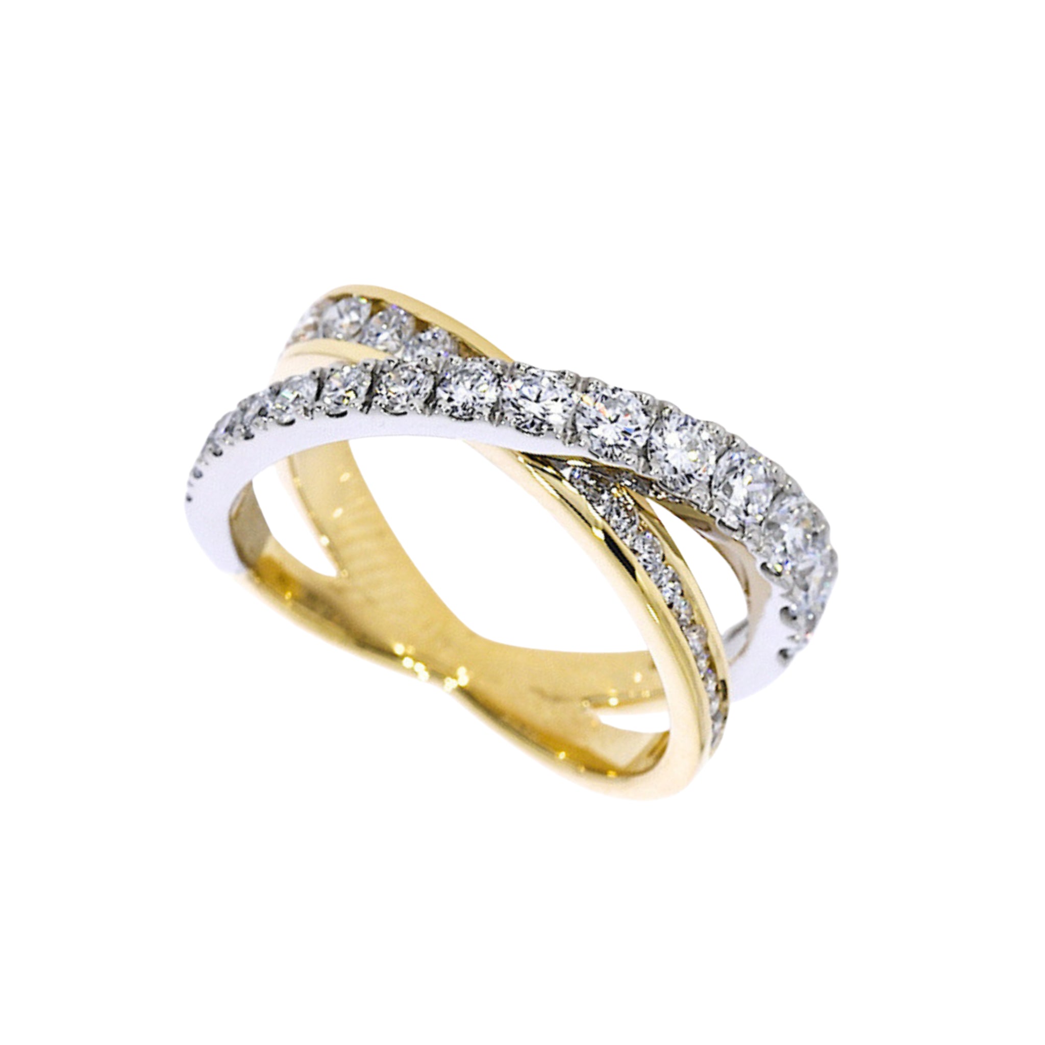 A two-tone crossover ring featuring a yellow gold band and a white gold band, both adorned with rows of sparkling pavé diamonds, set against a plain white background.