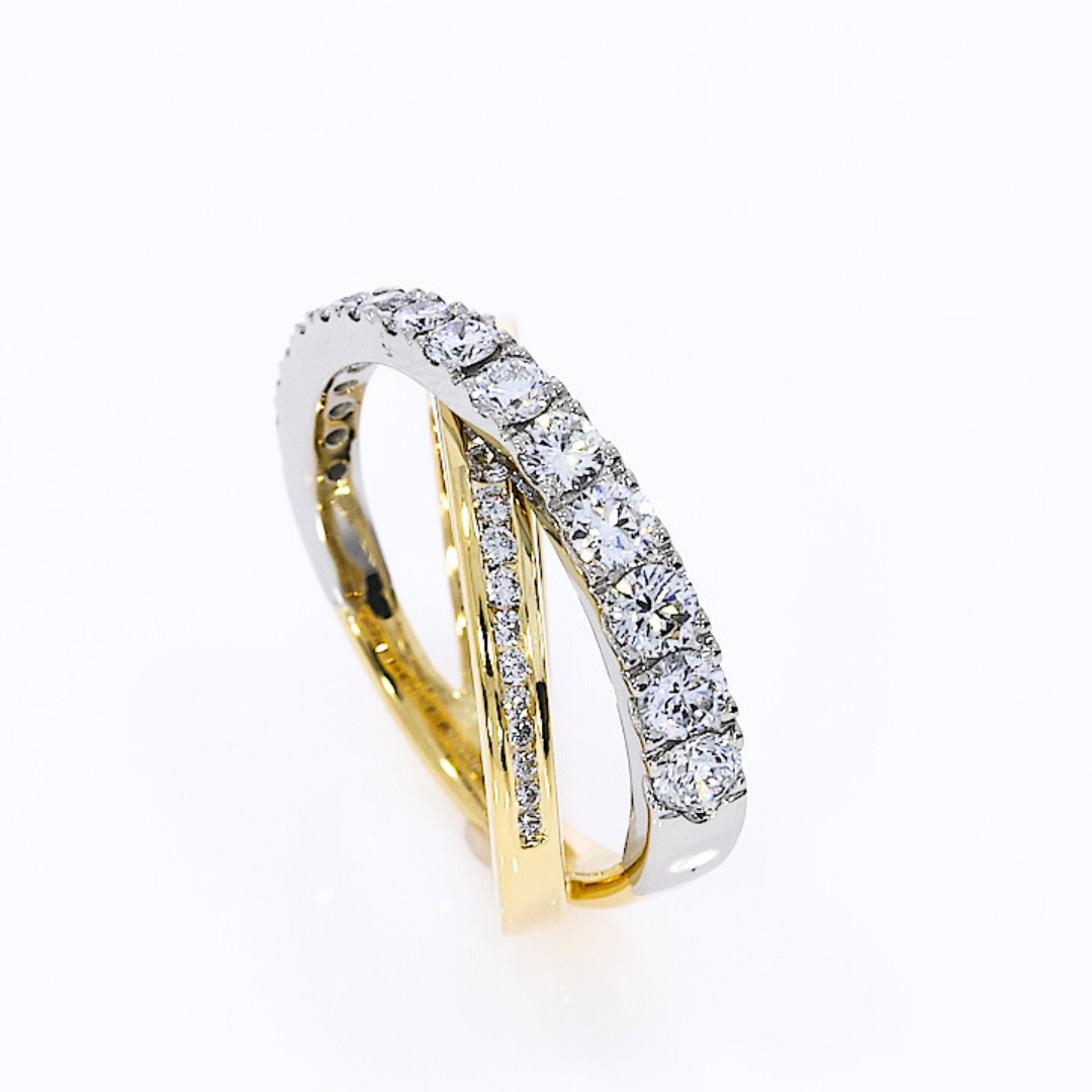 Coco Criss Cross Ring featuring certified diamond rings with platinum and 18ct yellow gold, showcasing brilliant cut diamonds.