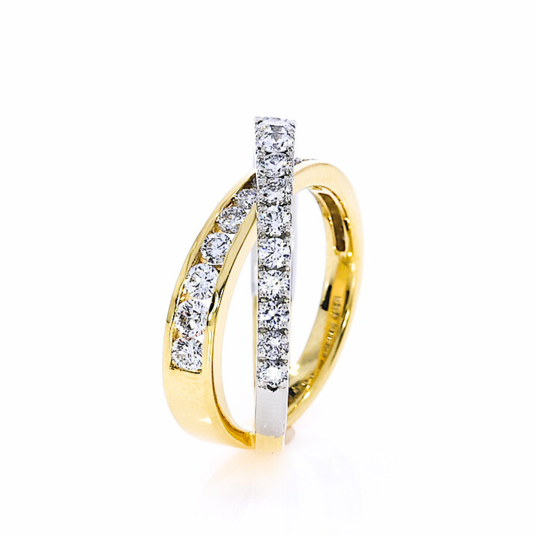 Coco Criss Cross Ring featuring certified diamond rings with platinum and yellow gold bands studded with sparkling diamonds.