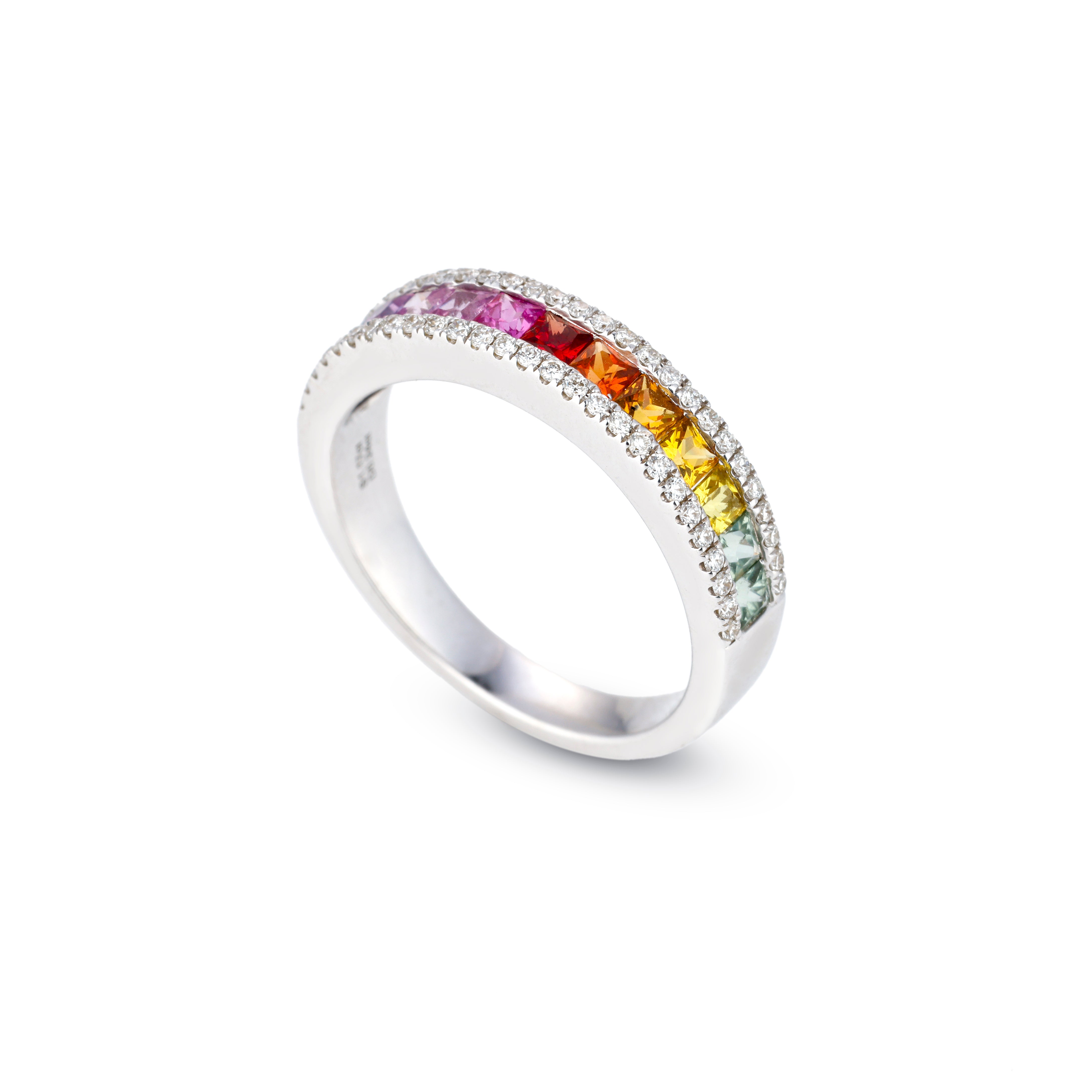 Luxury ring with graduating princess cut sapphires and natural round brilliant diamonds for added sparkle.