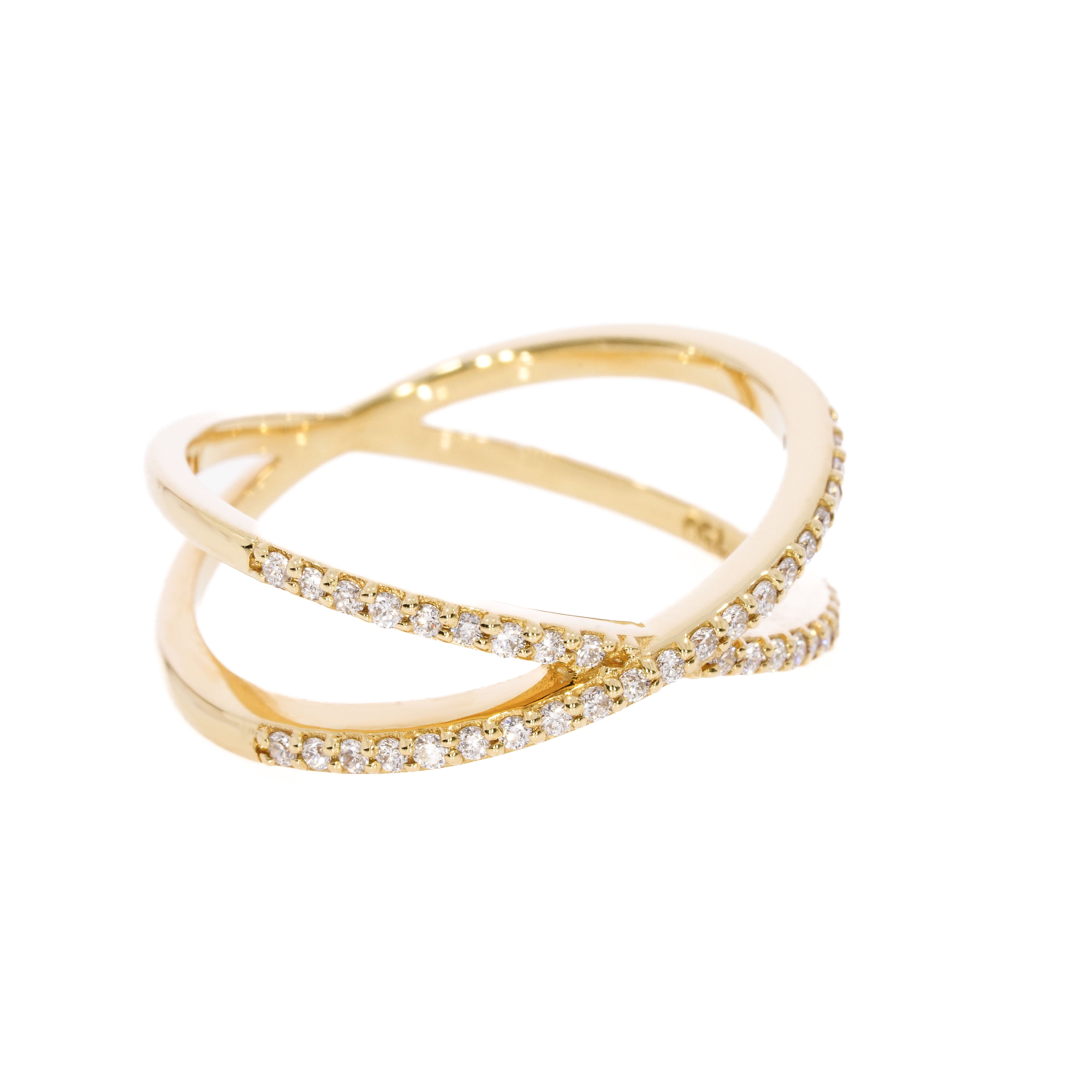 Criss-cross ring small size with 0.18cts certified diamonds, in 18ct gold with stylish bands intersect for a sparkling look.