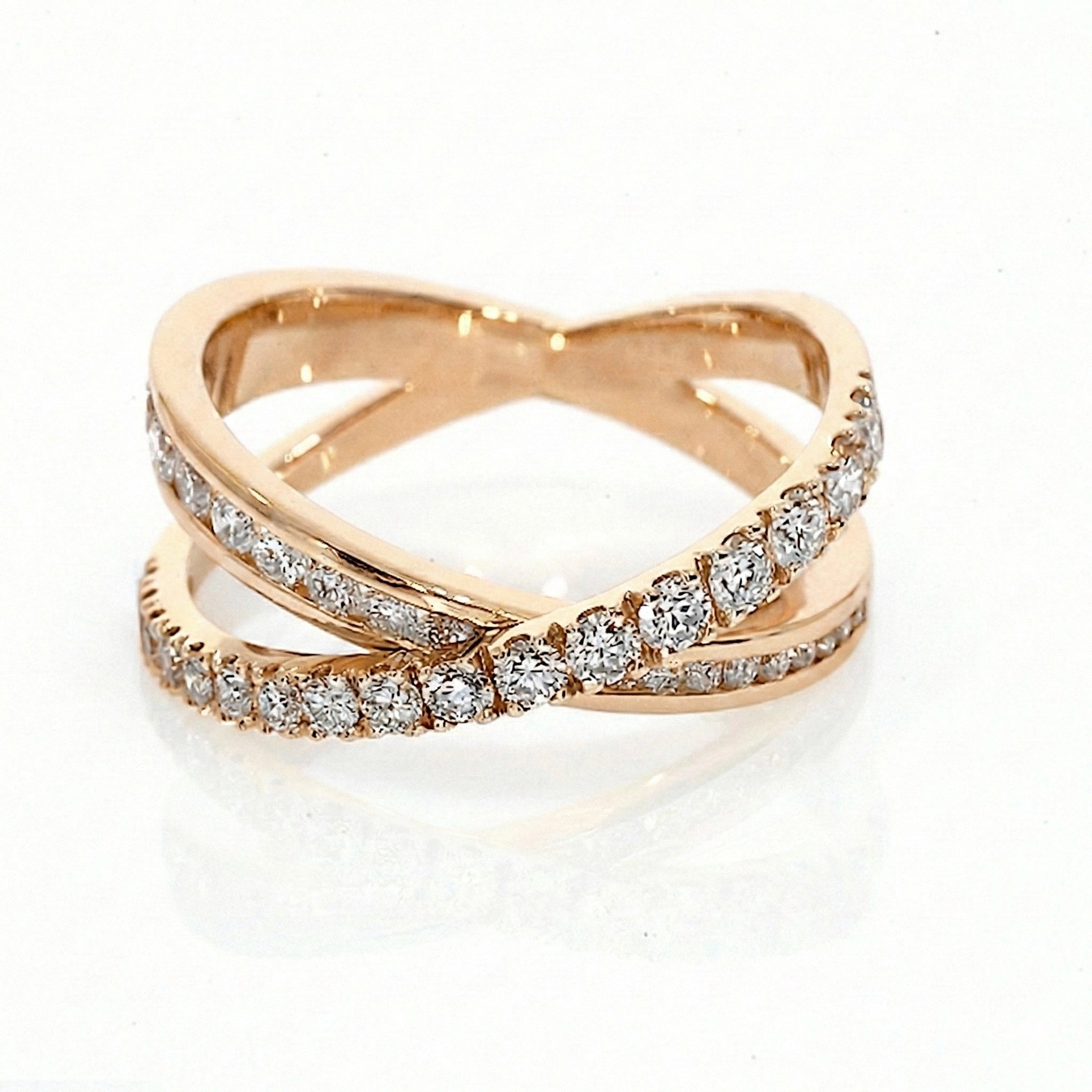 Criss-cross ring large with 0.84cts of claw-set luxury fine diamonds, intersecting bands for a sparkling look set in 18ct rose gold.