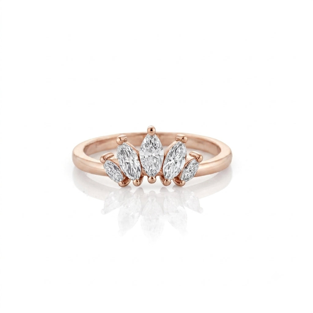 Crown Ring in 18ct Rose Gold featuring five marquise cut diamonds creating a sophisticated tiara silhouette.
