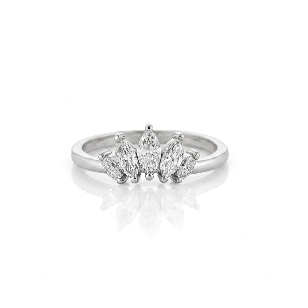 Crown Ring featuring five marquise cut diamonds in a minimalist design for a timeless bridal look.