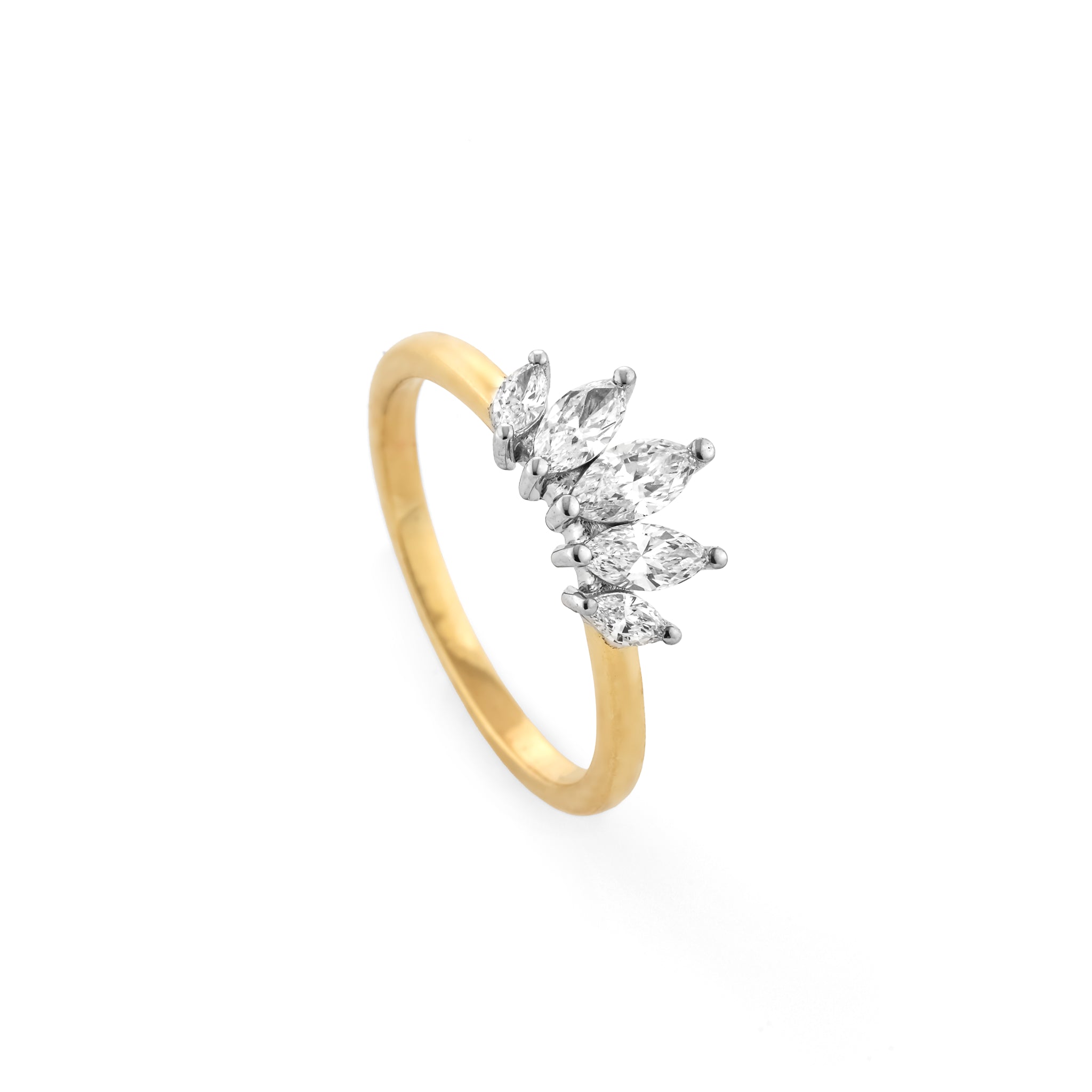 Crown Ring featuring marquise cut diamonds on a gold band, an elegant diamond ring for weddings.