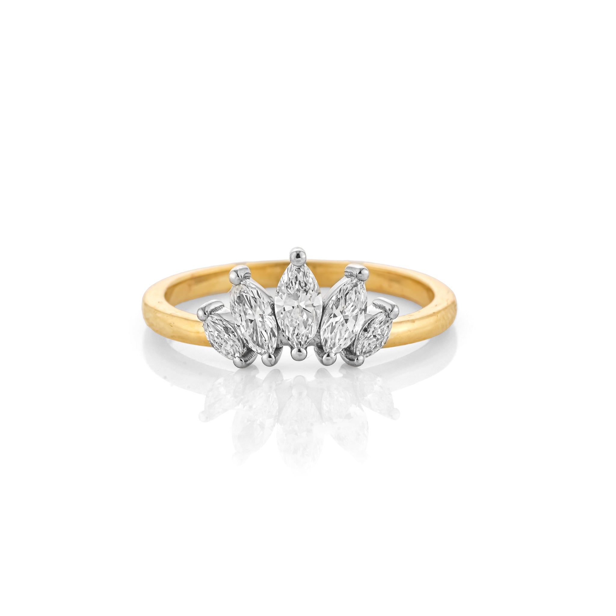 Crown Ring in 18ct Yellow Gold featuring five marquise cut diamonds for a royal bridal look.