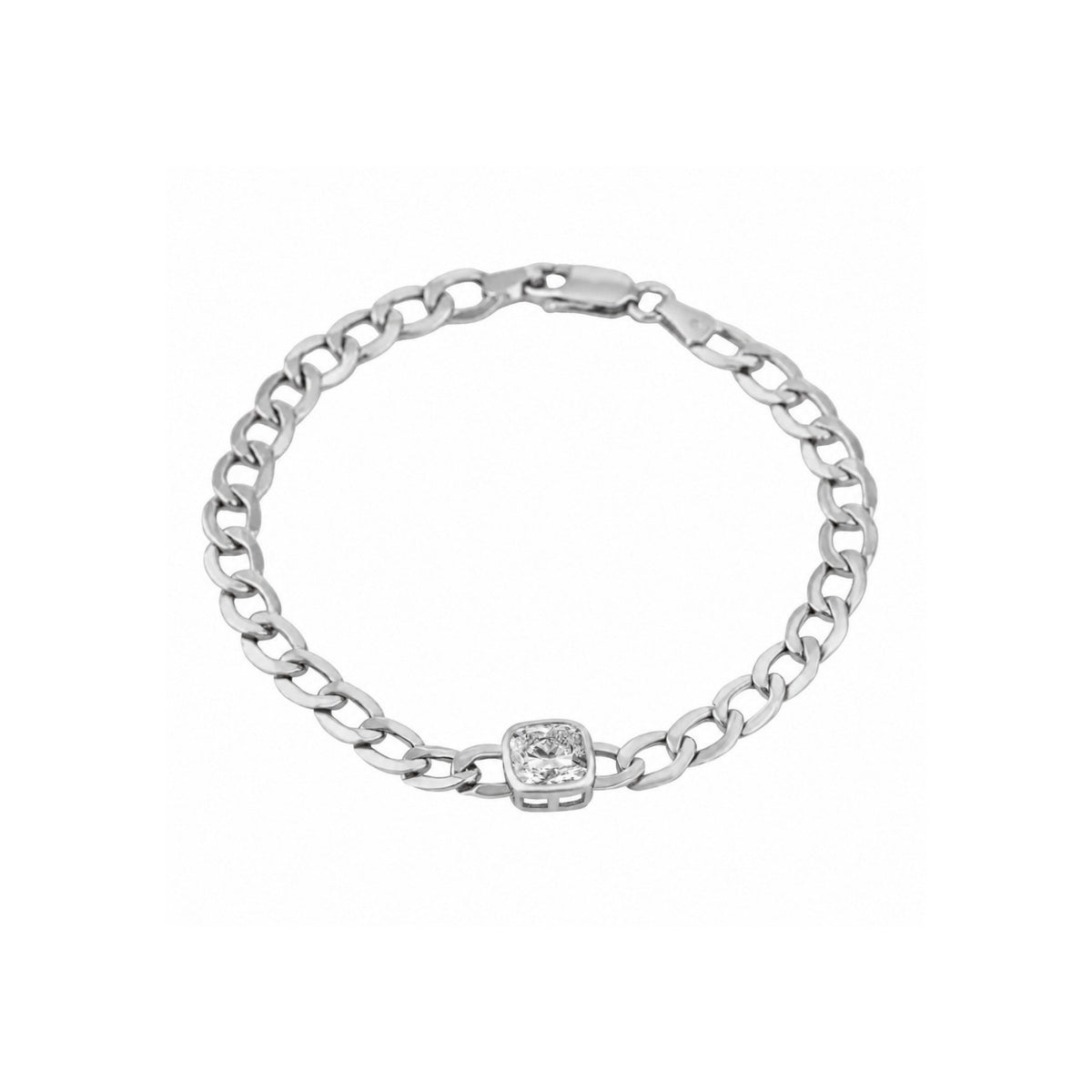 A white gold chain gold bracelet with a small cushion cut diamond set in the center, displayed on a clean white background.