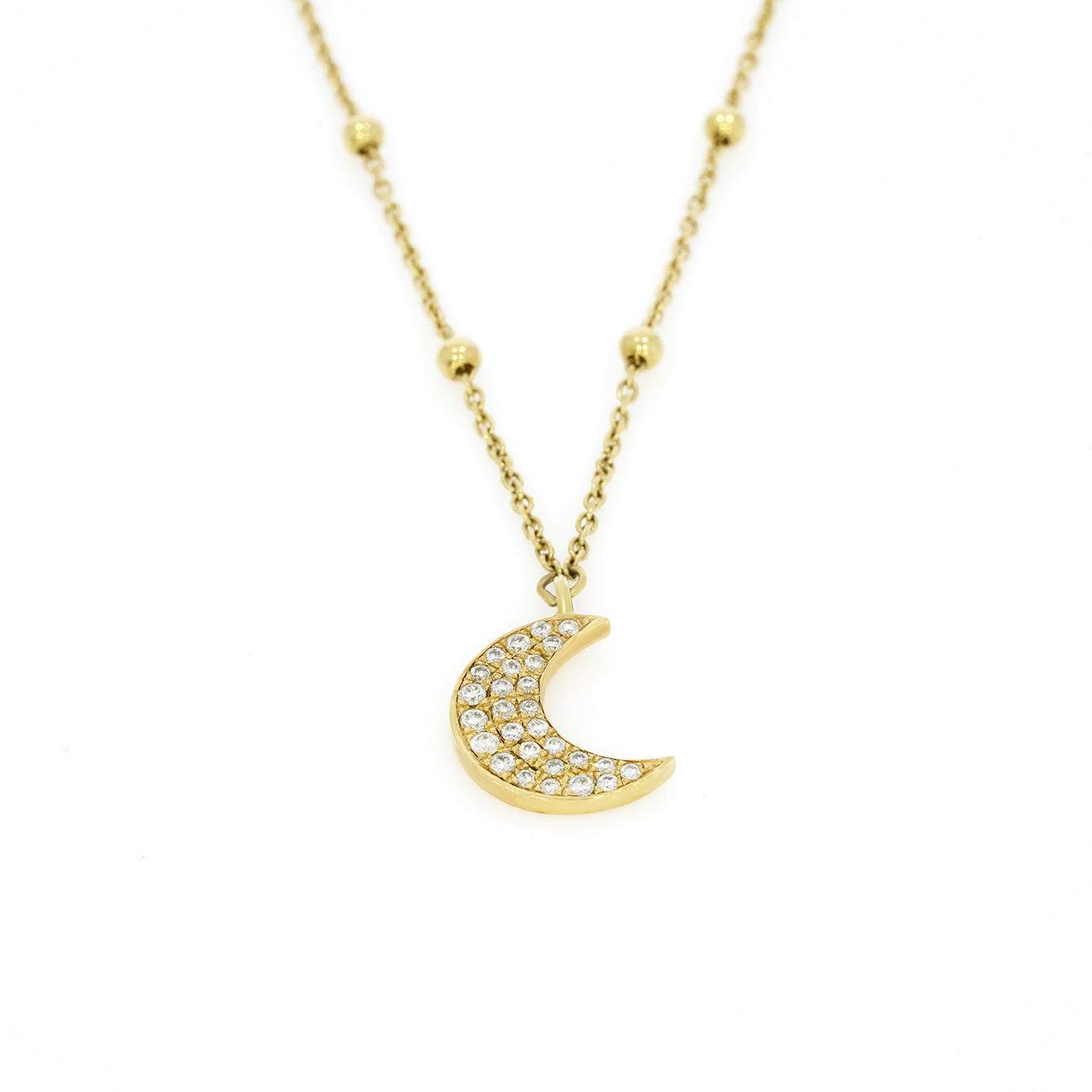 Diamond Moon Necklace featuring certified diamonds on a modern ball chain for elegant sparkle.