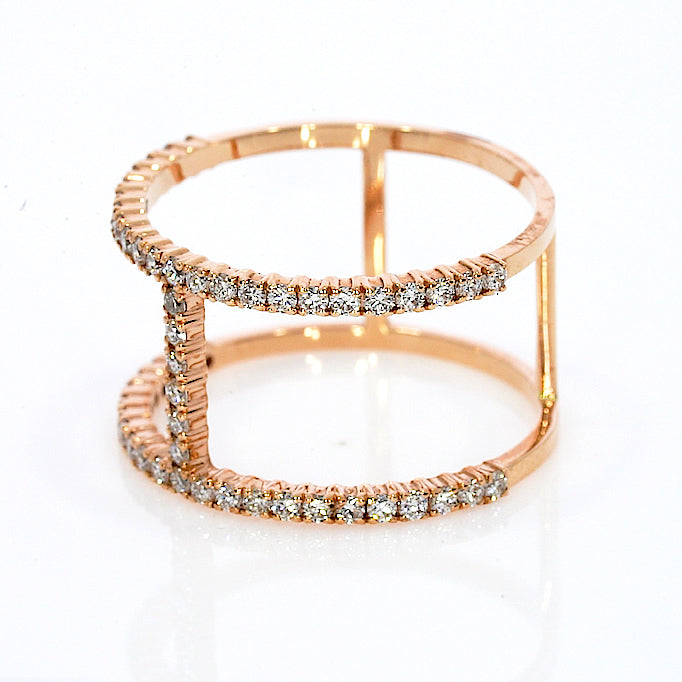 Stunning H design ring rose gold colour, with 0.62cts of round brilliant cut diamonds, set in 18ct gold.