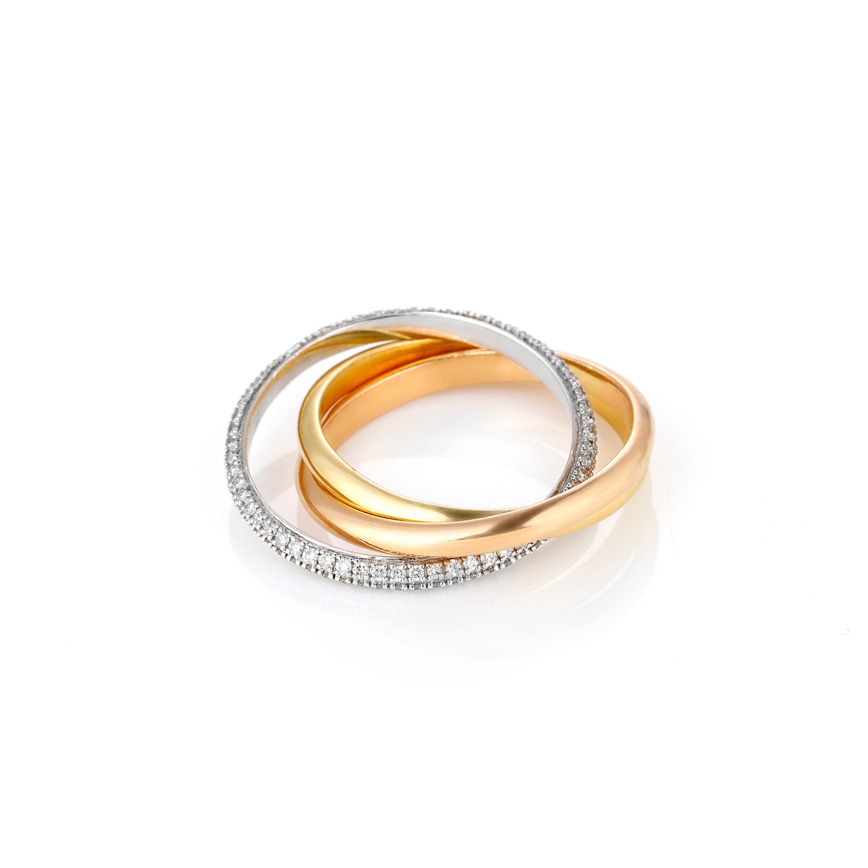 Grace ring with three intertwined bands in yellow, rose, and white gold, one set with diamonds, moving independently in a 'thread and grain' setting