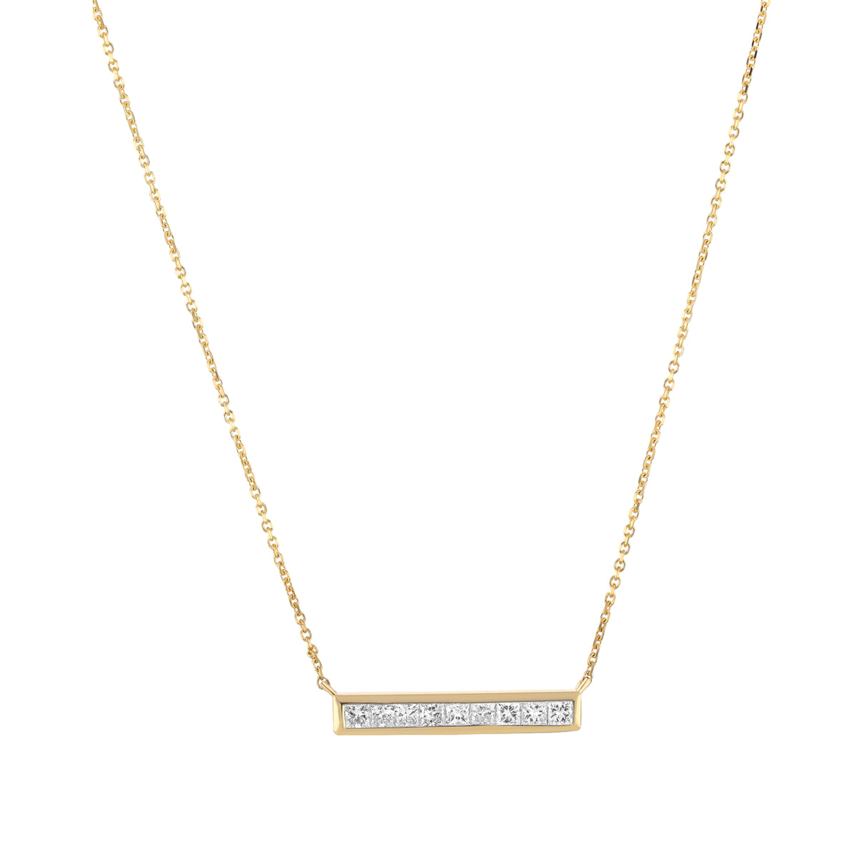 Elegant diamond bar necklace featuring princess-cut diamonds on a gold chain, perfect for any occasion.