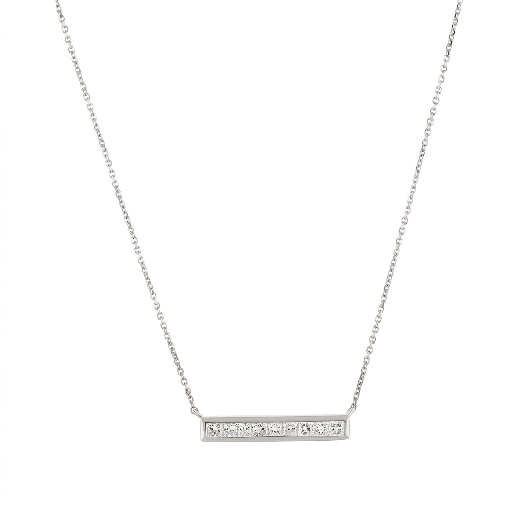 Diamond Bar Necklace featuring sparkling princess-cut diamonds on a delicate gold chain.