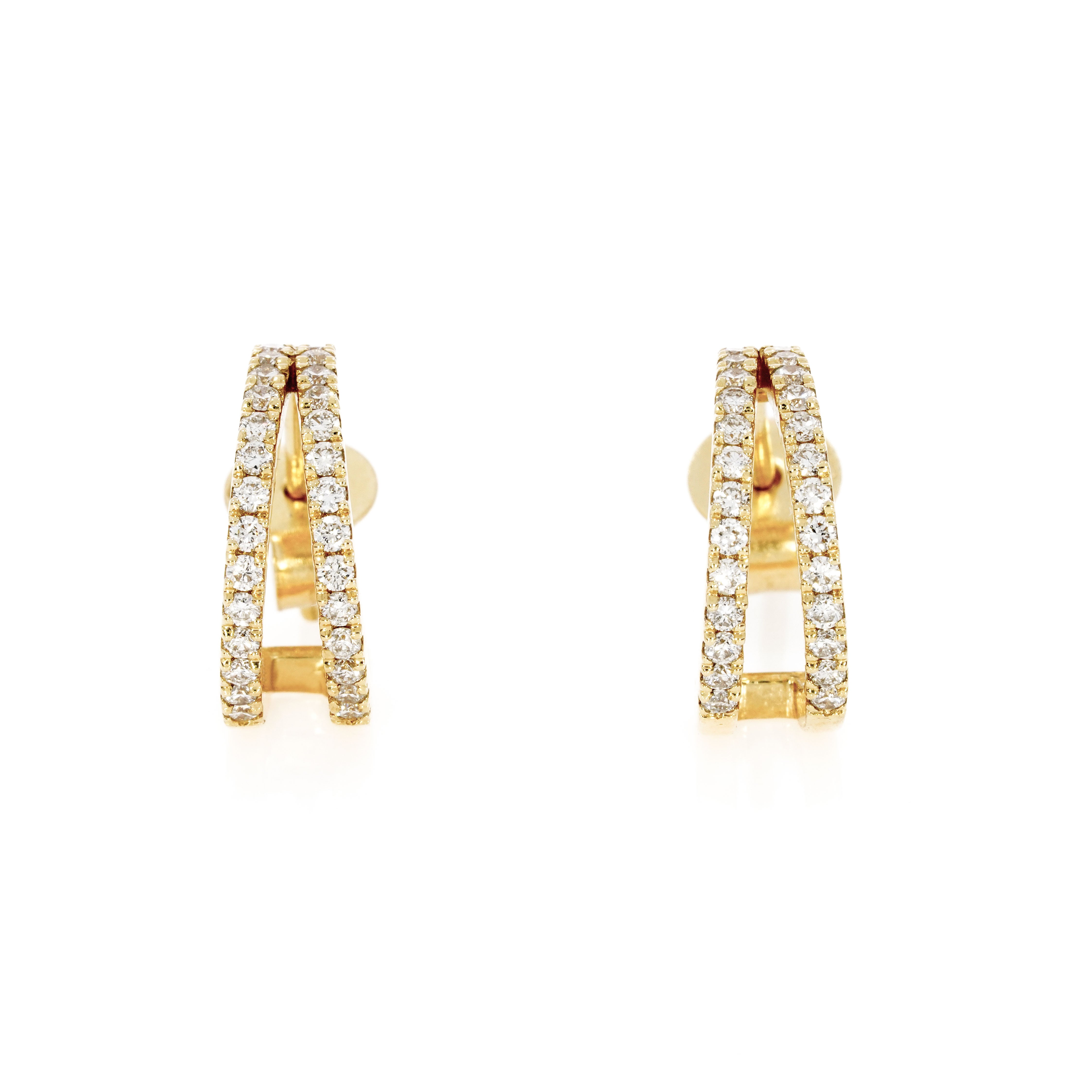 Double row diamond huggie earrings in 18ct gold with certified diamonds F-G colour VS-SI clarity.
