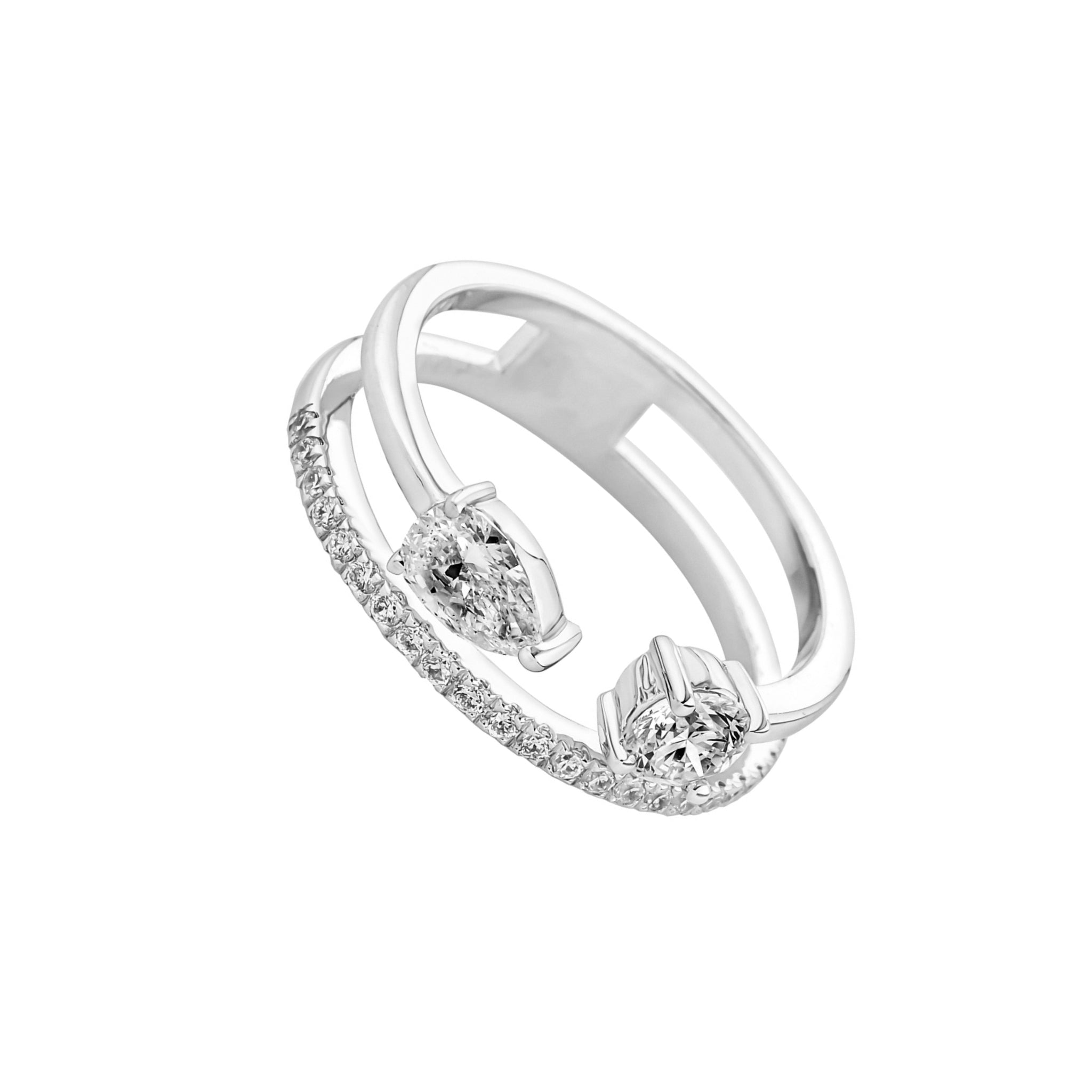 A double band diamond ring featuring a pear cut center and a row of small pavé set diamonds along one band, shown on a plain white background.