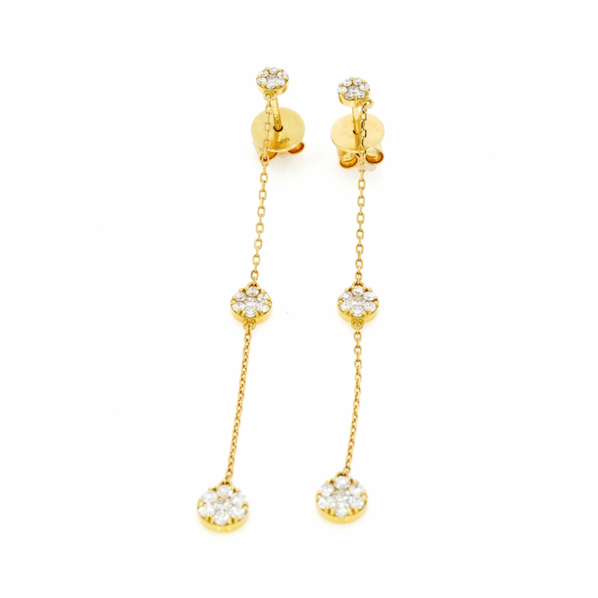 Elegant drop illusion earrings featuring certified diamond earrings in 18ct gold with diamond clusters.