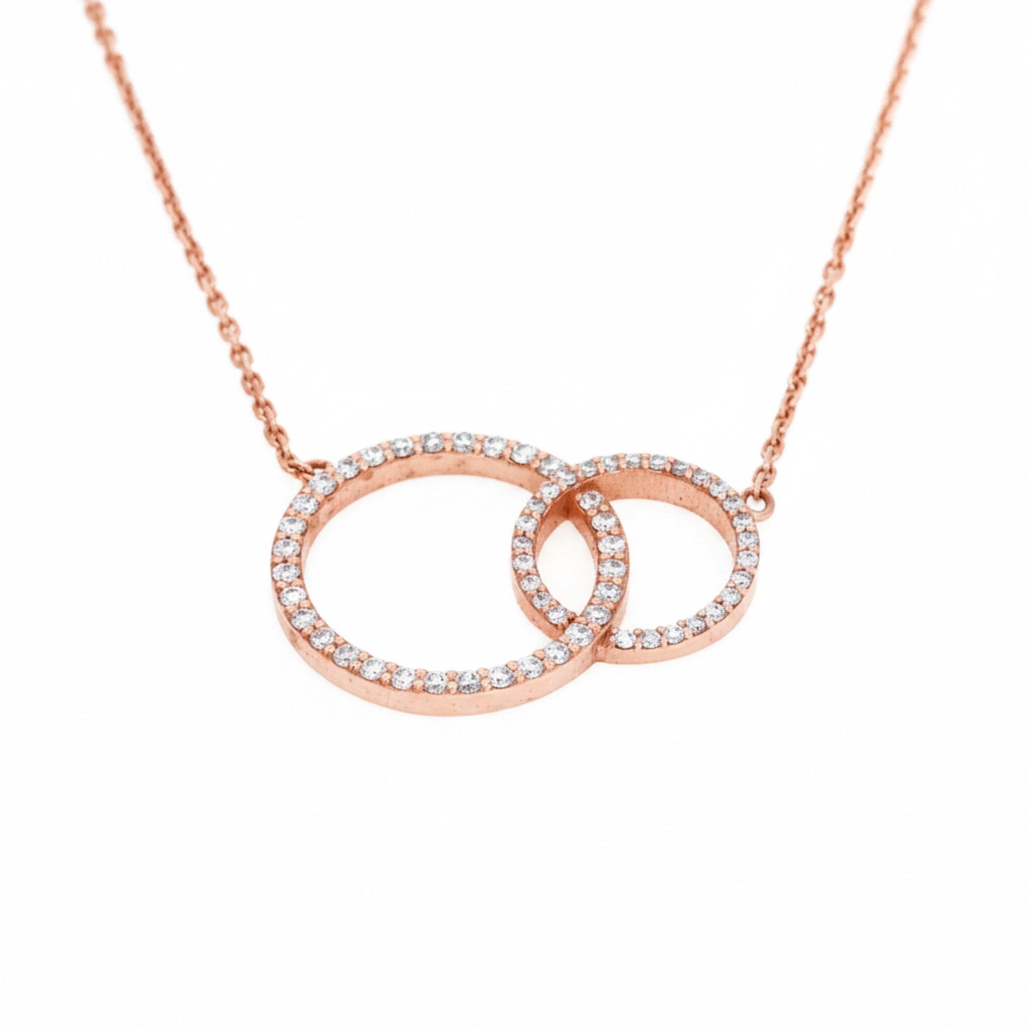 Duo Circle of Life necklace featuring interlocking certified diamond circles set in rose gold on an 18 inch chain