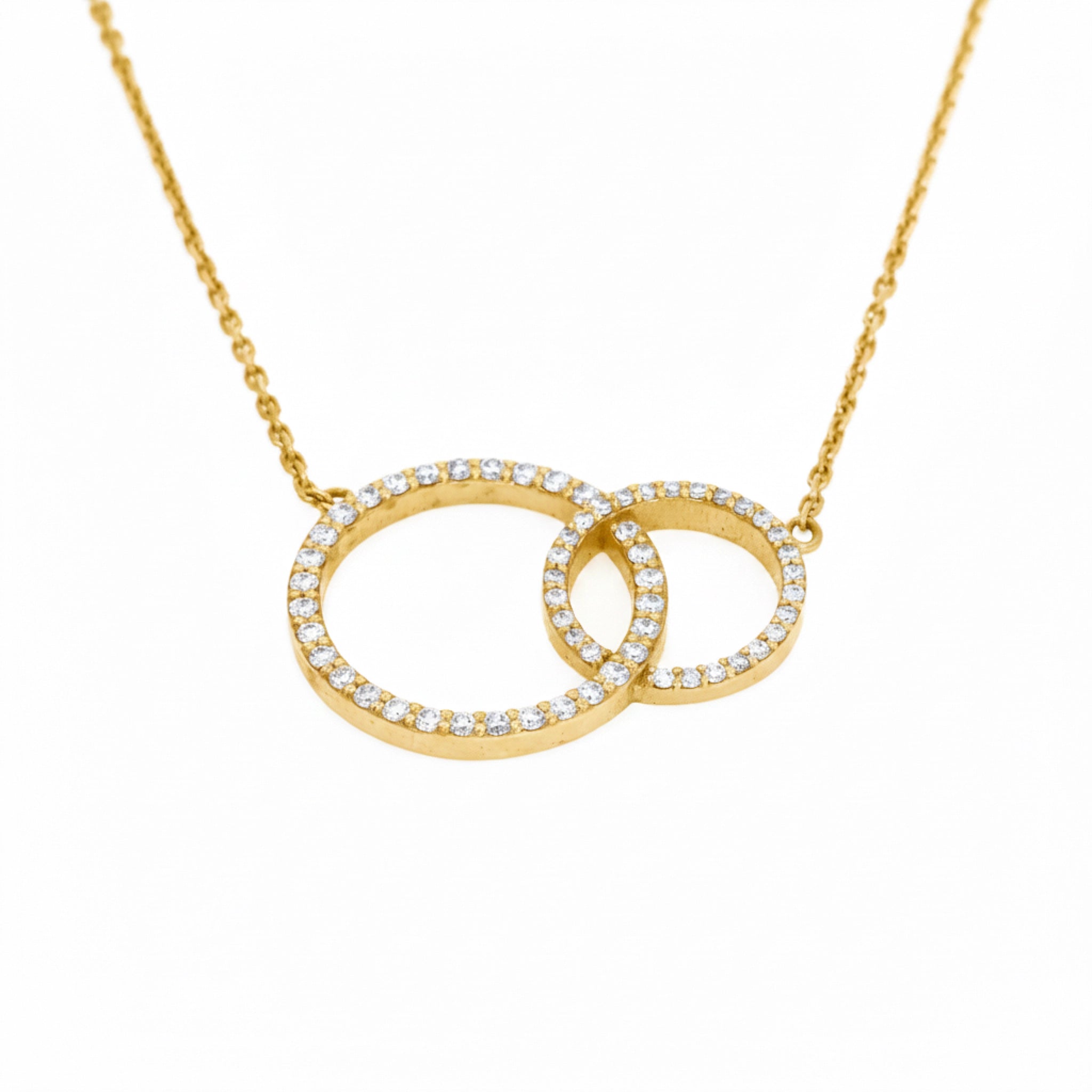 Duo Circle of Life necklace featuring interlocking certified diamond circles set in 18ct gold on an 18 inch chain