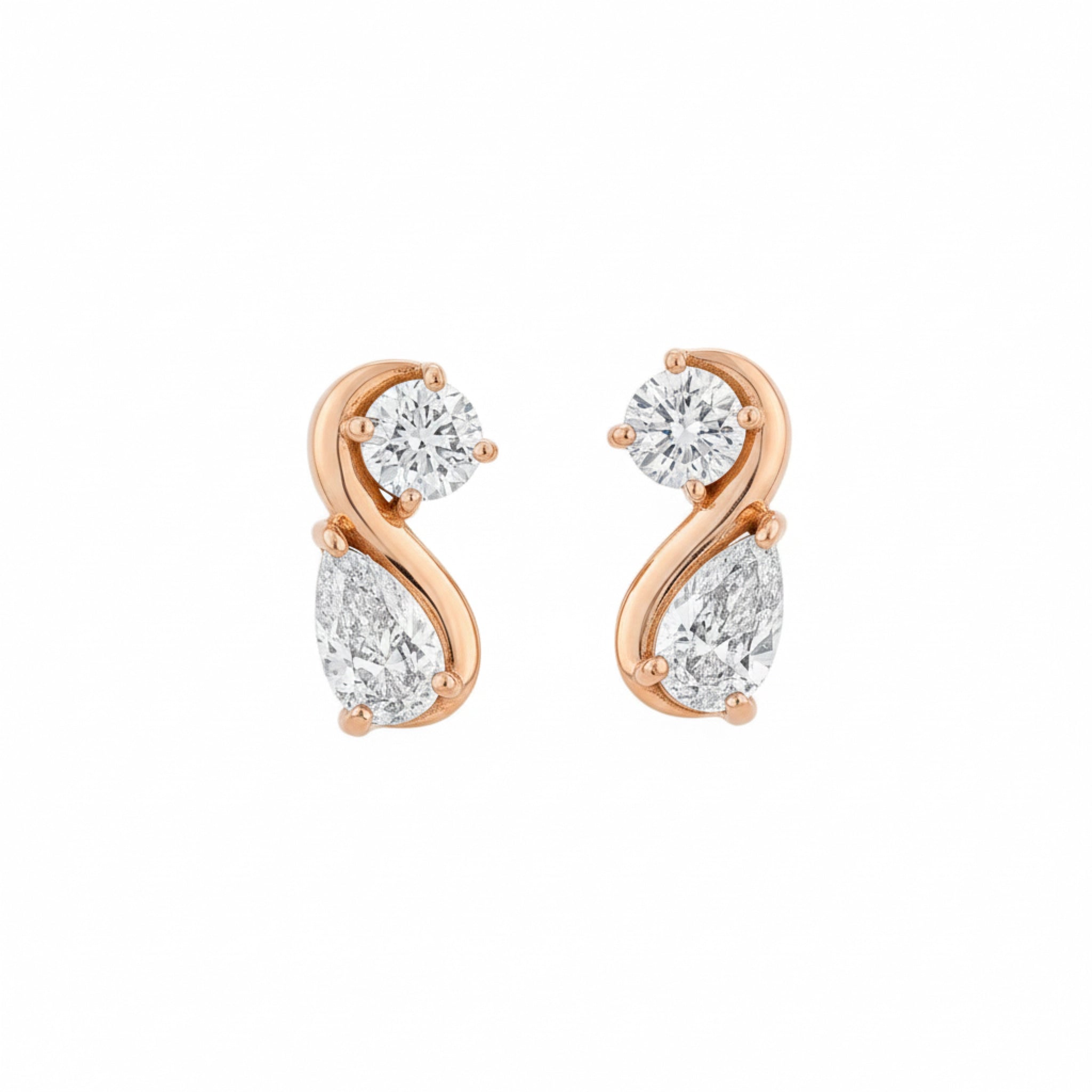 Rose gold earrings with clear diamonds on a white background