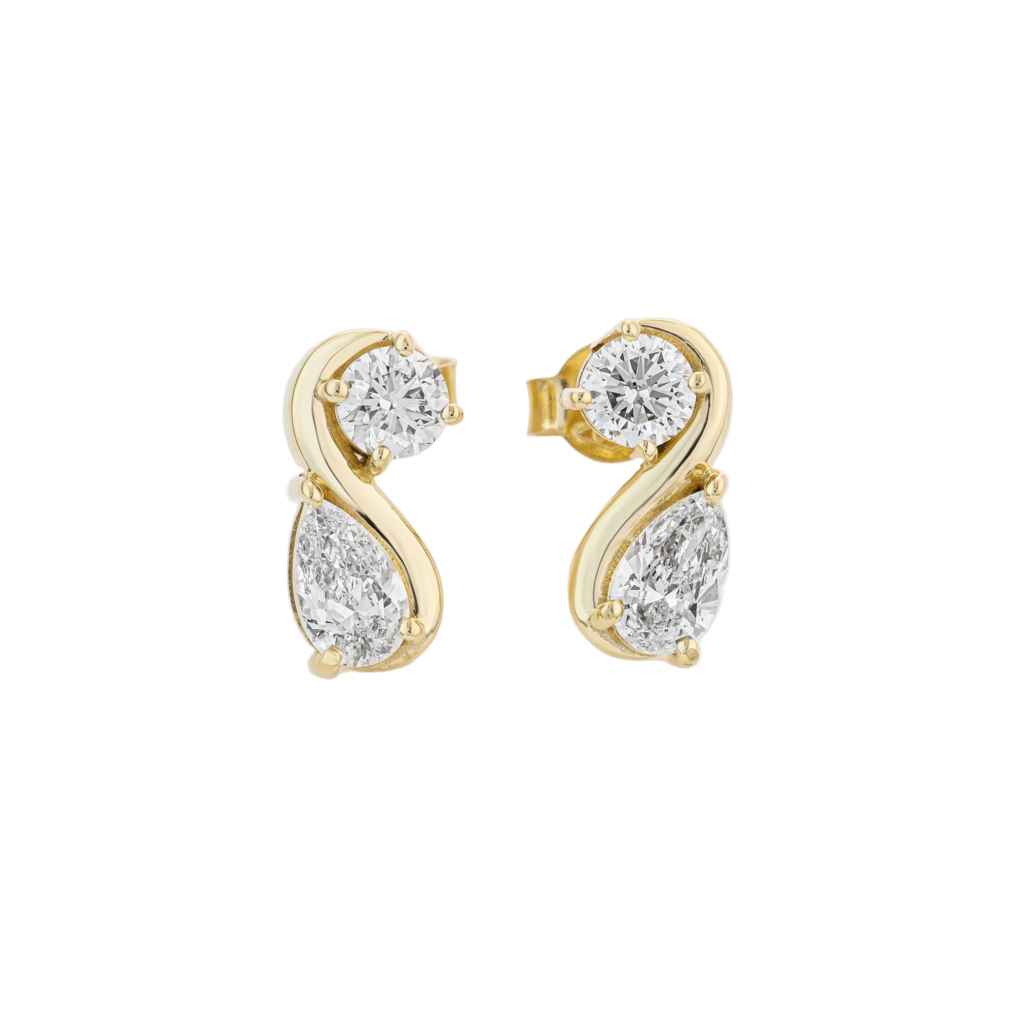 Yellow Gold earrings with pear shaped diamonds on a white background