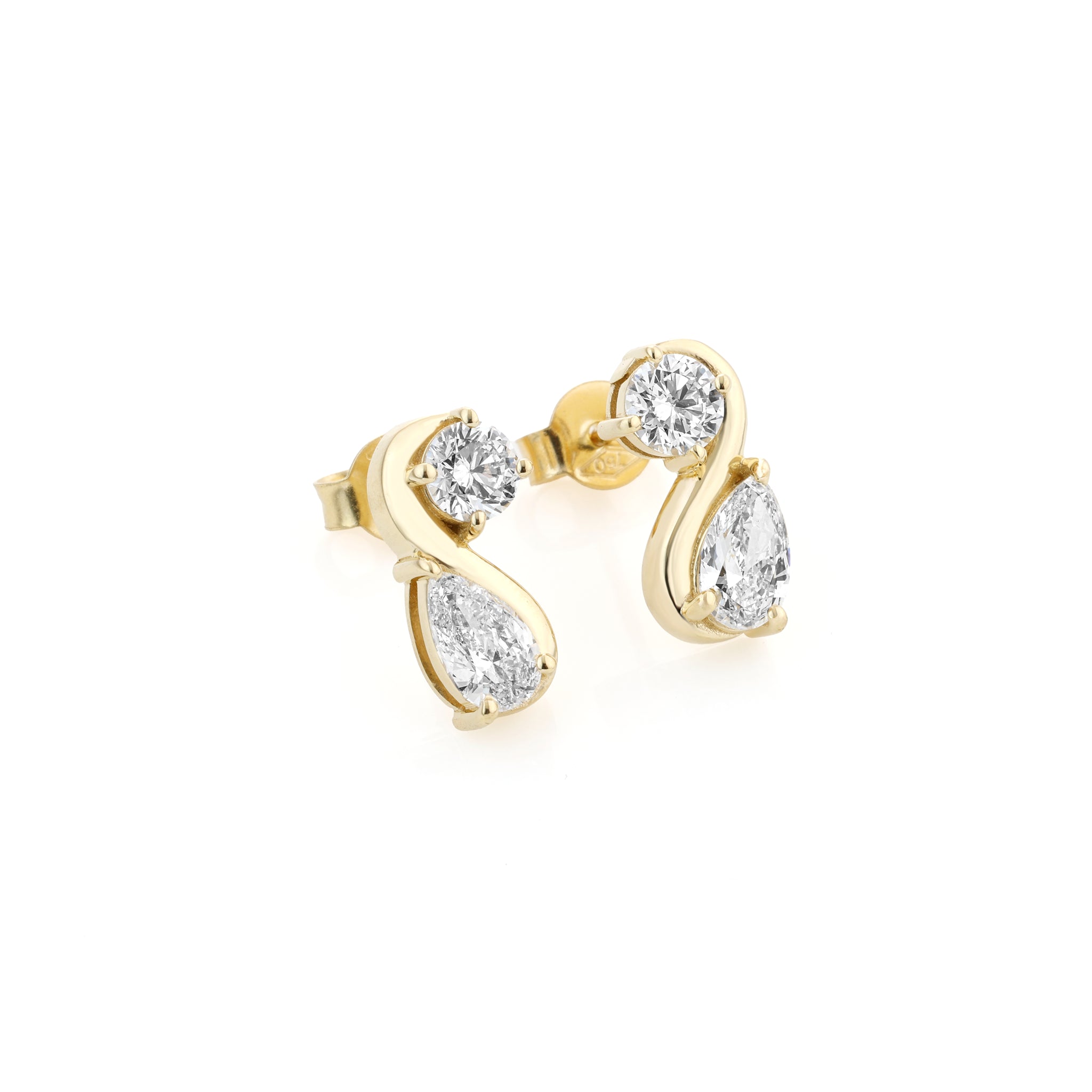 Yellow gold earrings with certified diamonds on a white background