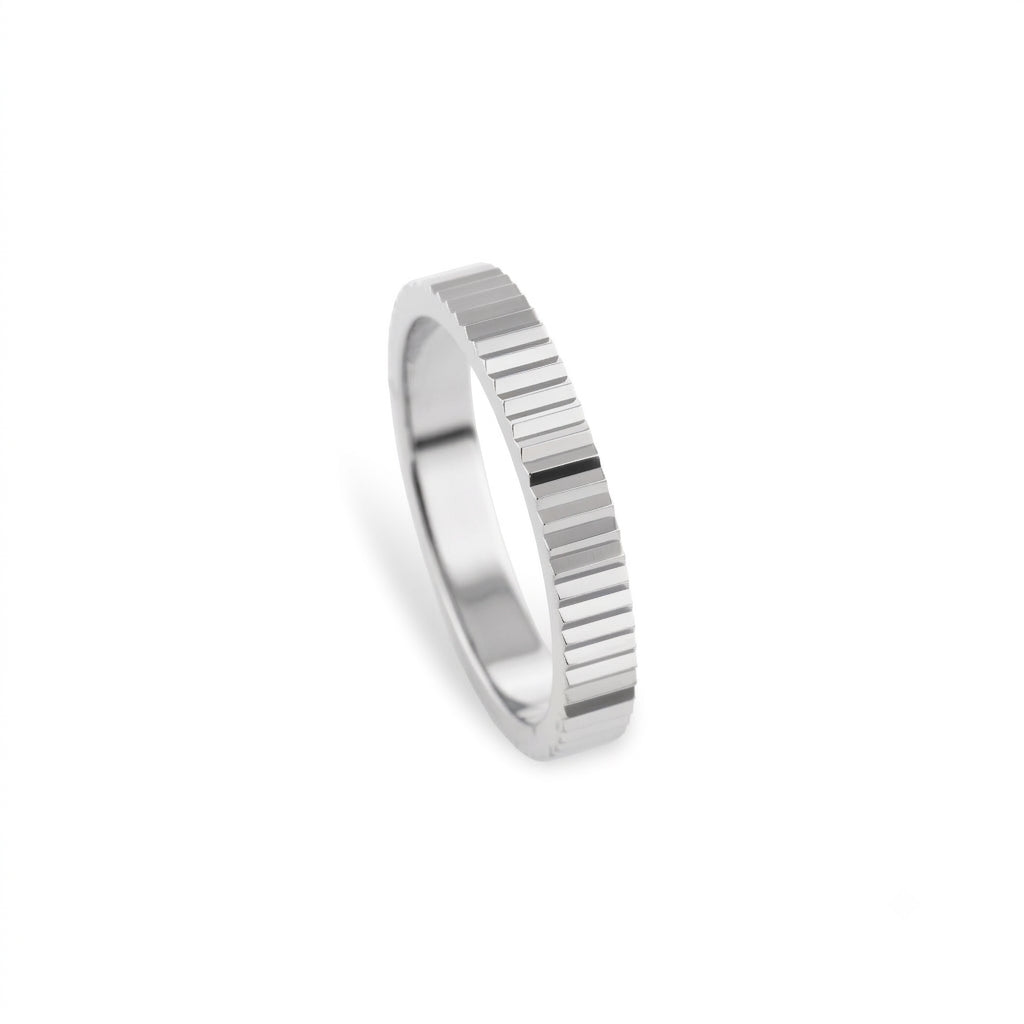 Fluted Wedding Band in polished silver featuring a clean fluted texture, perfect to layer with a diamond ring.