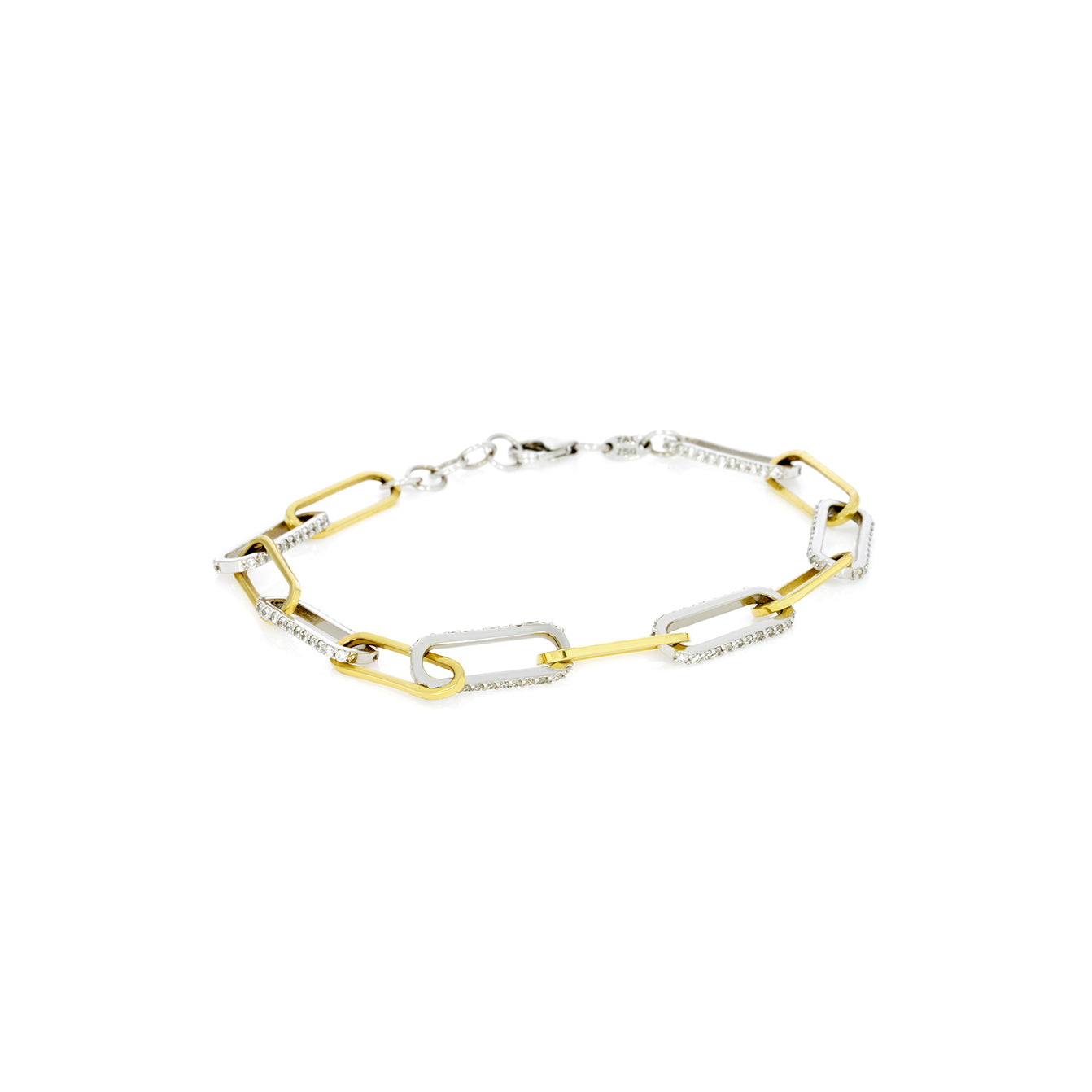 Stylish chain link bracelet in 18ct white and yellow gold with diamonds sparkling throughout.