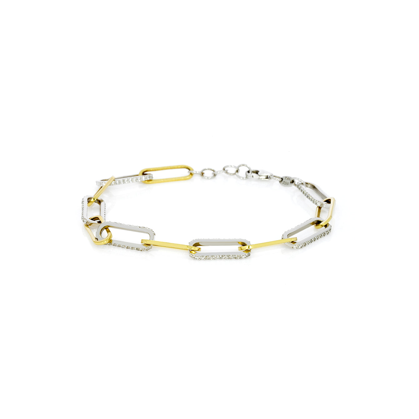 Chain link bracelet in 18ct white and yellow gold with diamonds, 7 inches long, modern style.