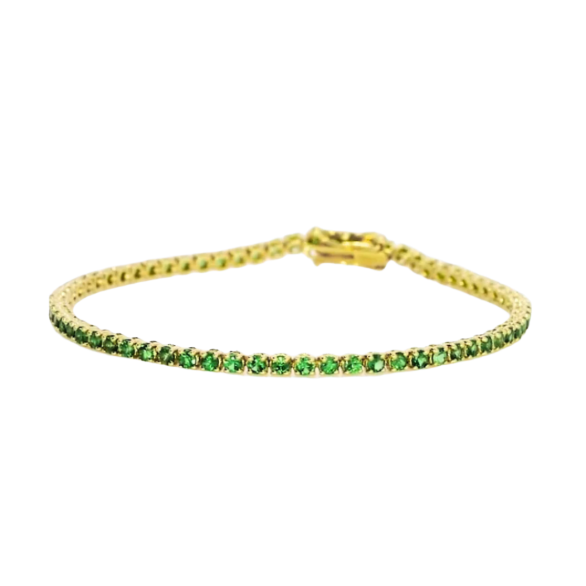 Elegant green tsavorite tennis bracelet in 18ct yellow gold, a stunning gemstone tennis bracelet for any occasion.