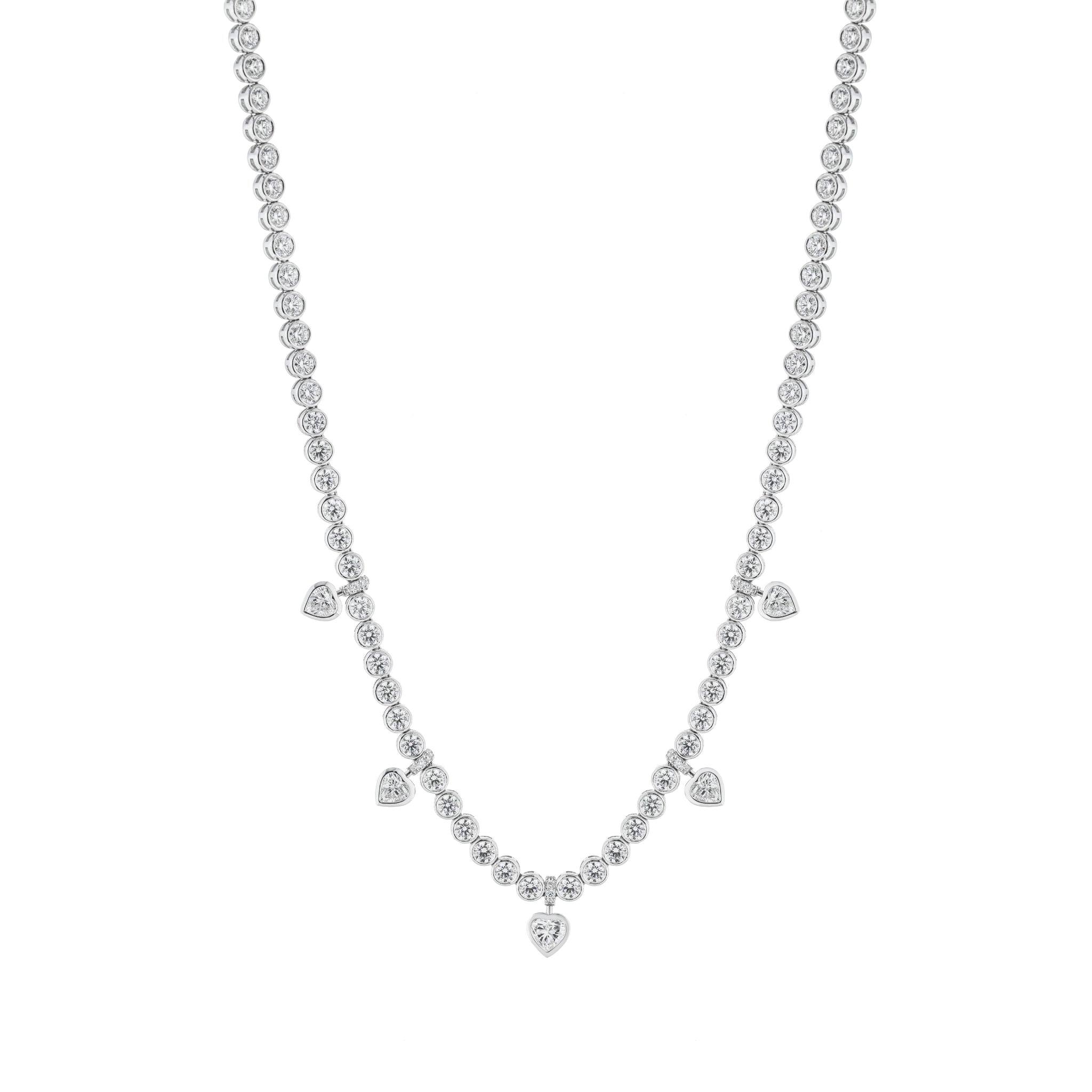 Heart Shape Diamond Tennis Necklace featuring round and pear shaped diamonds, crafted for brilliance and elegance.