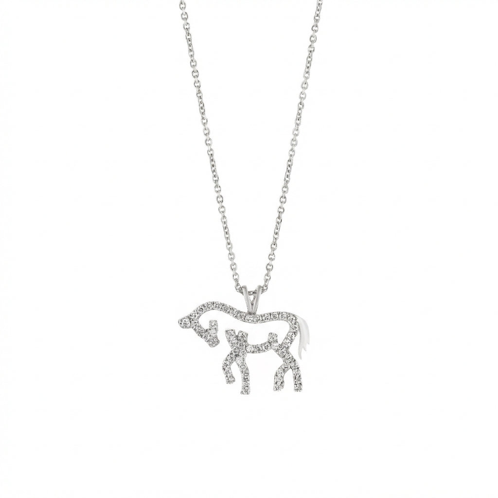 White gold necklace with a diamond horse pendant on a white background