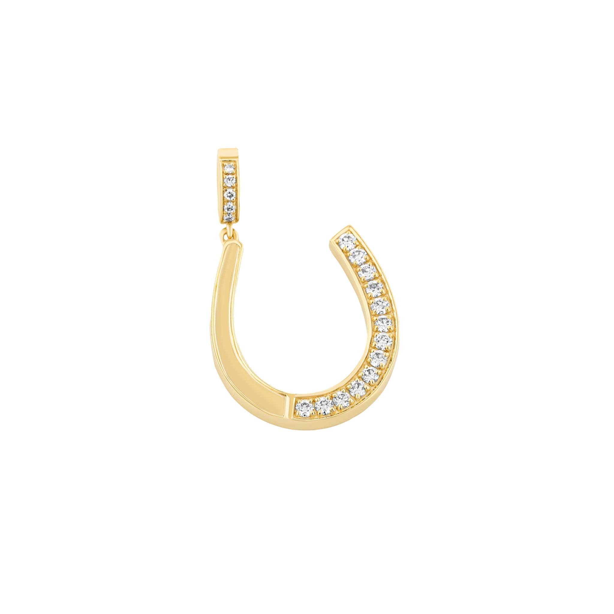 Gold horseshoe-shaped pendant with embedded diamonds on a white background