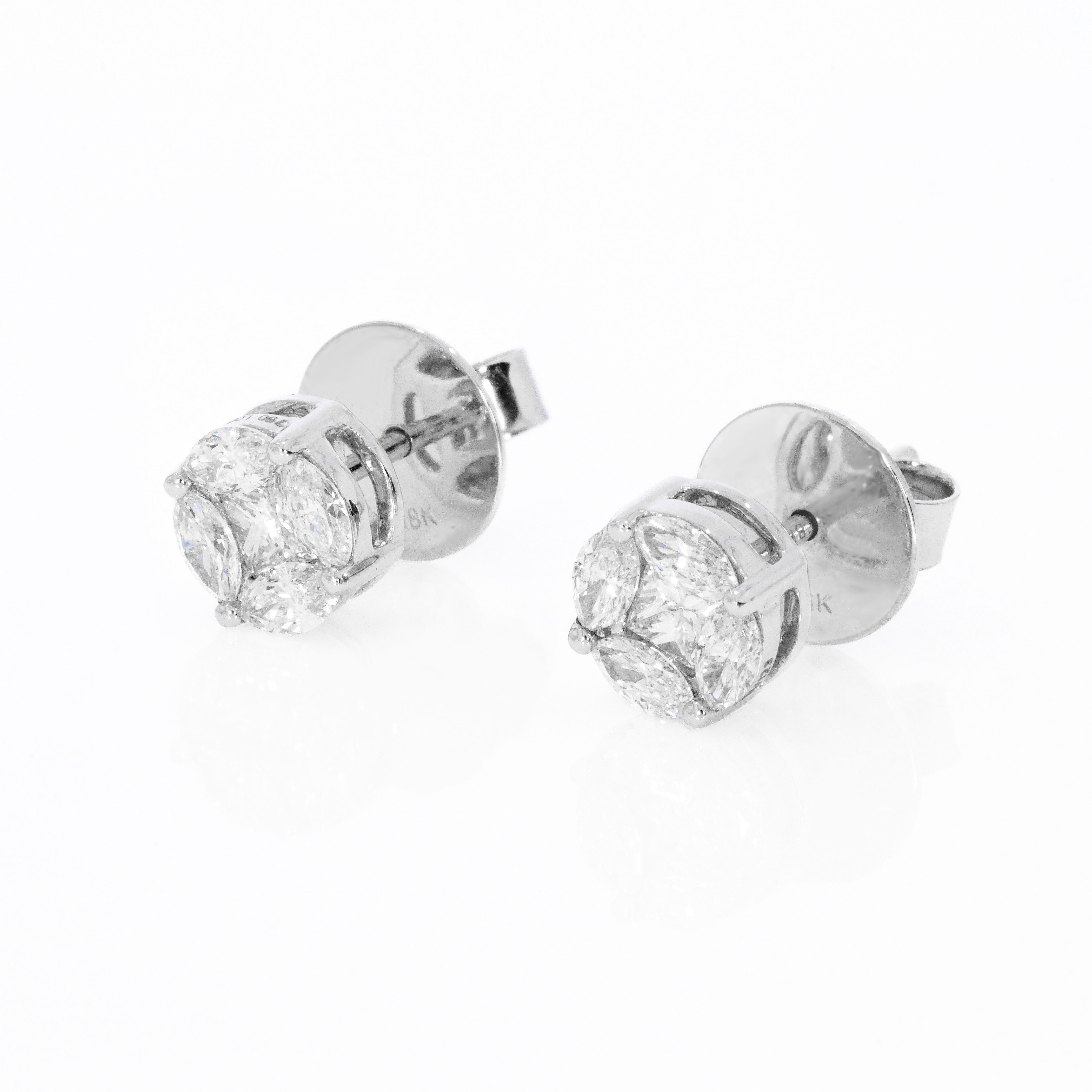 Illusion stud earrings with certified diamonds set in 18ct gold, featuring a marquise and princess cut design.