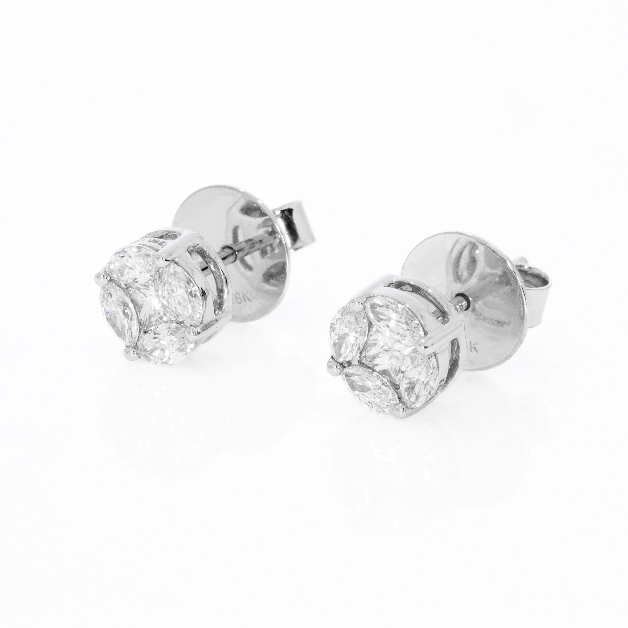 Illusion stud earrings with certified diamonds set in 18ct gold, featuring a marquise and princess cut design.